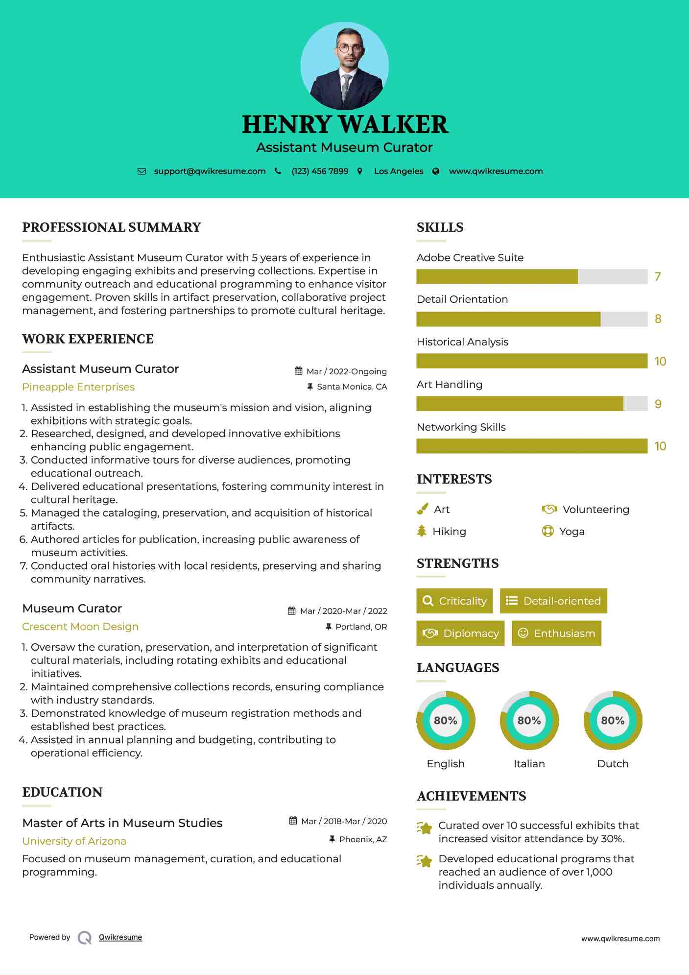 Assistant Museum Curator Resume Model