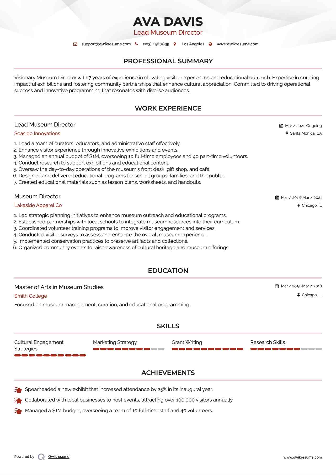 Lead Museum Director Resume Template