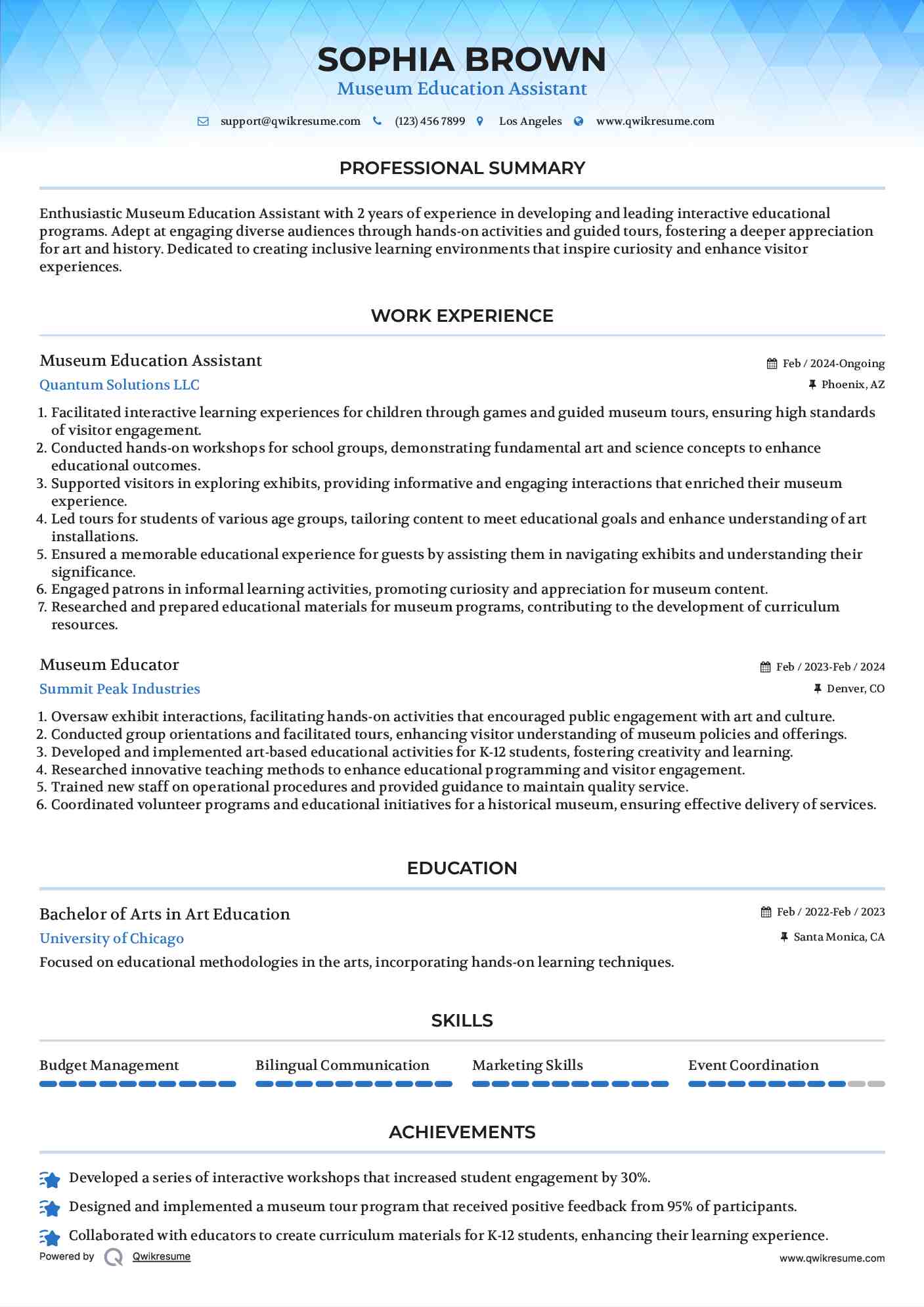 Museum Education Assistant
 Resume Model
