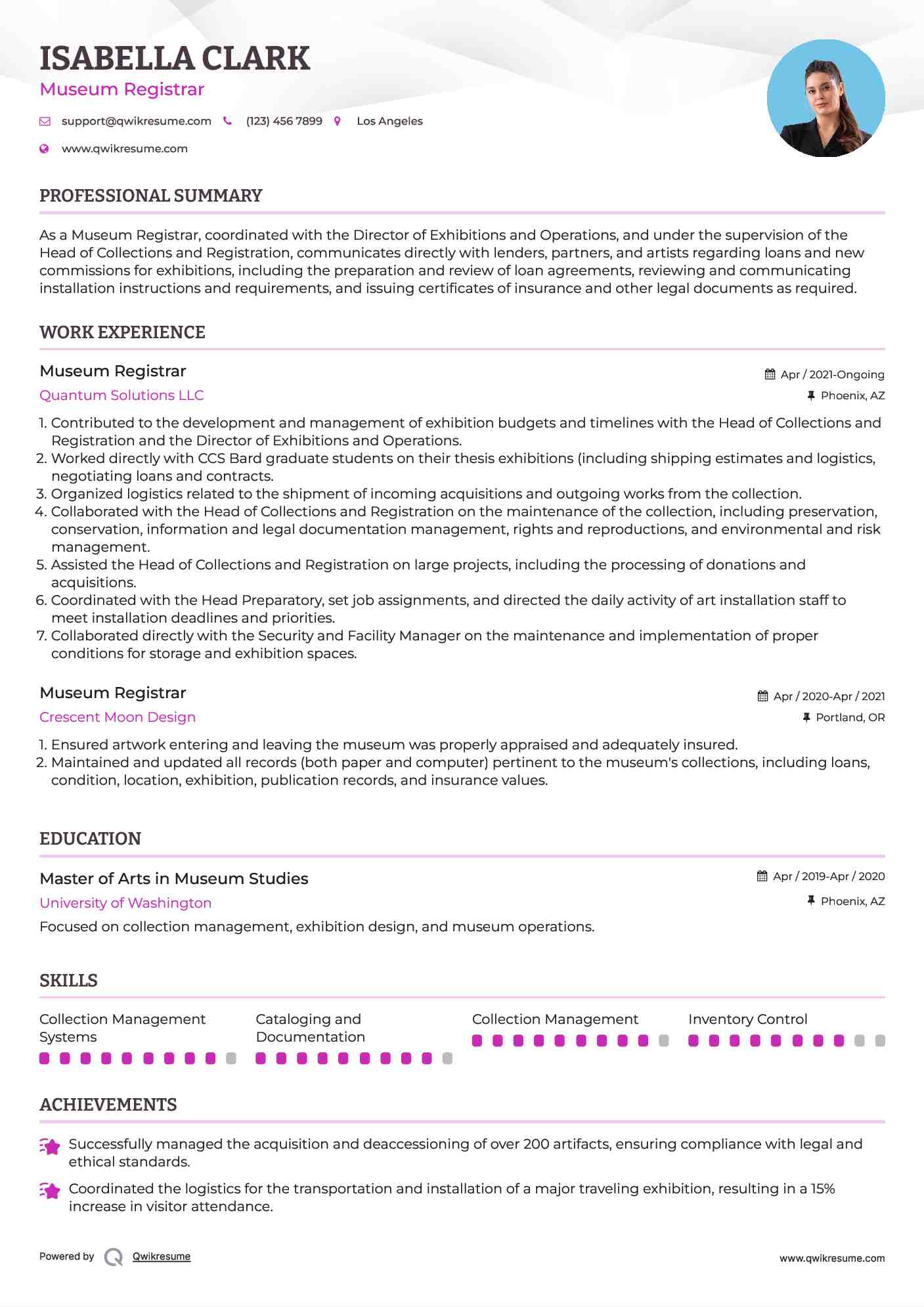 Museum Registrar Resume Sample
