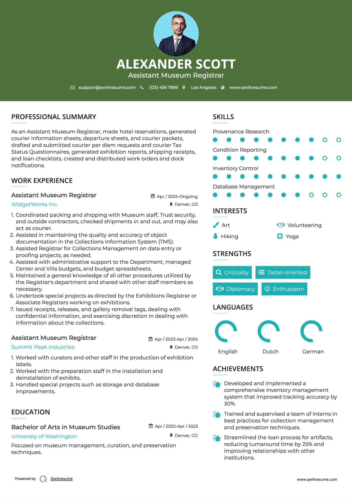 Assistant Museum Registrar Resume Example