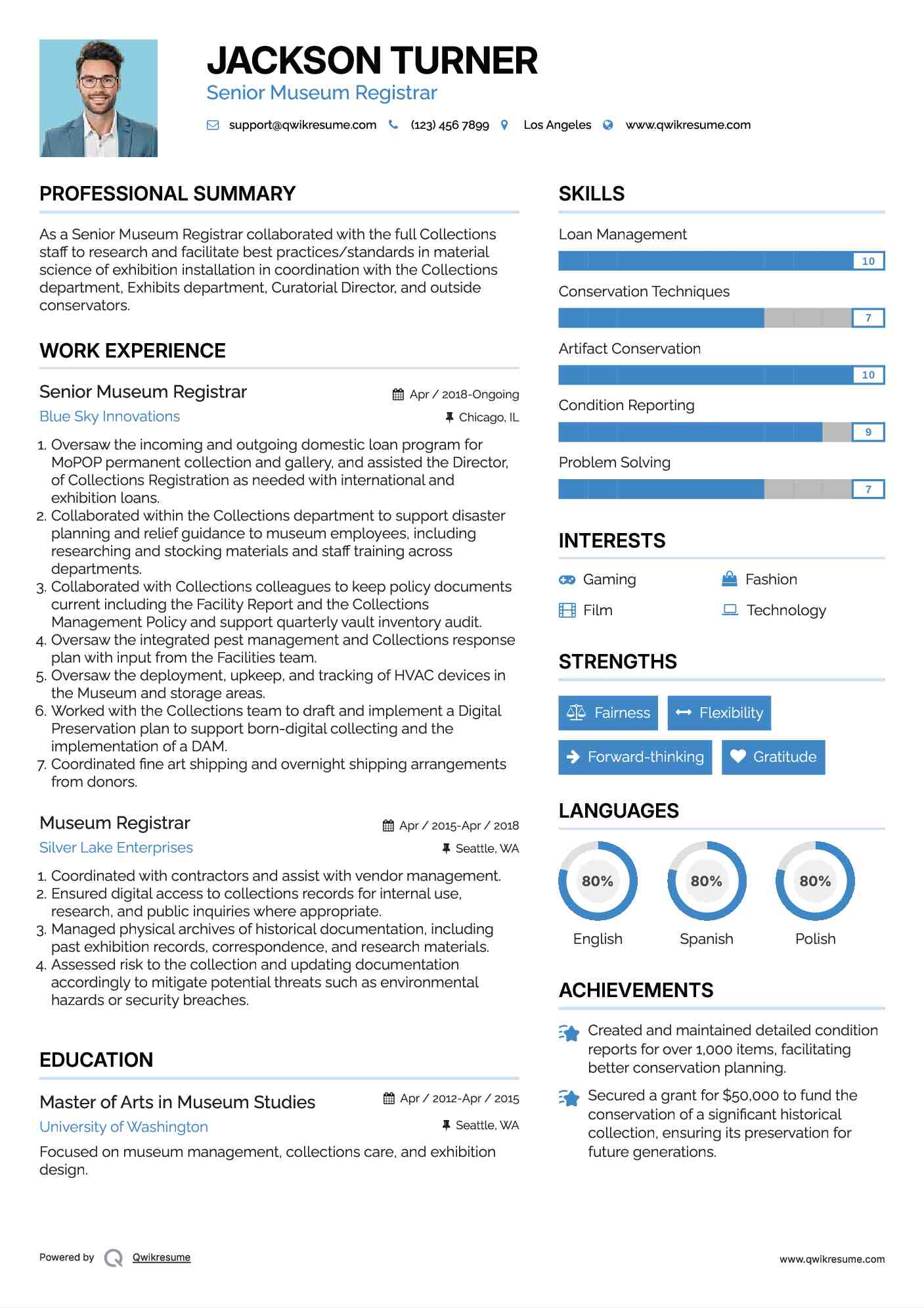 Senior Museum Registrar Resume Sample