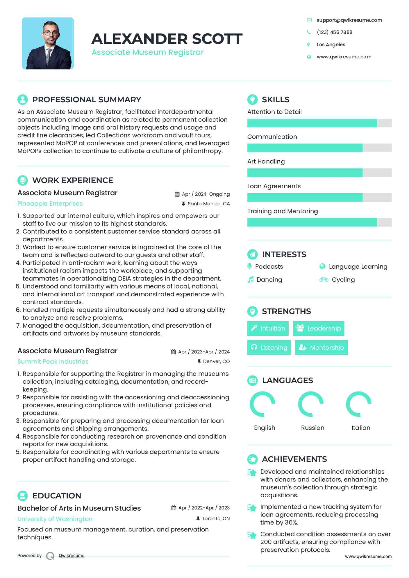 Associate Museum Registrar Resume Template