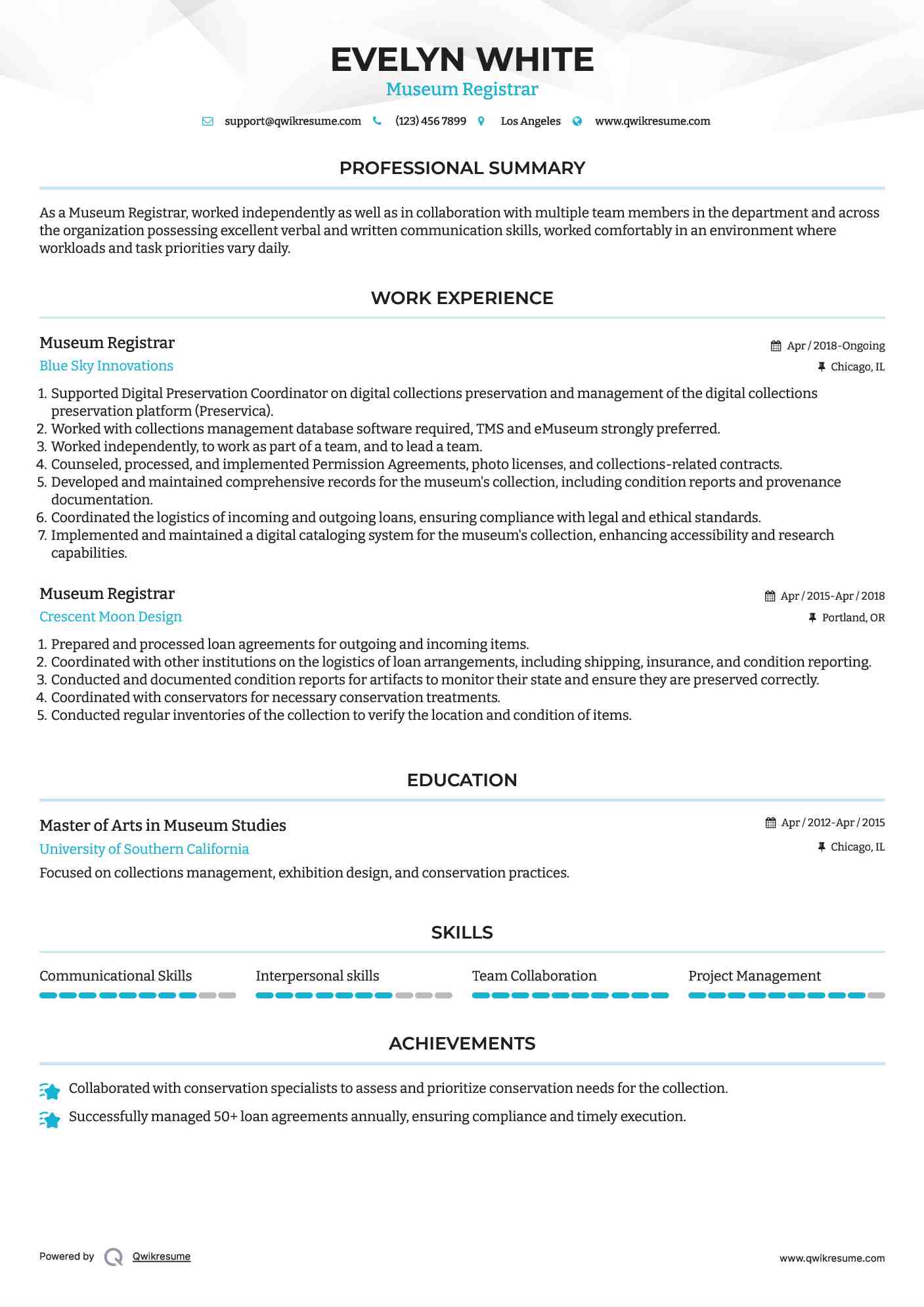 Museum Registrar Resume Model