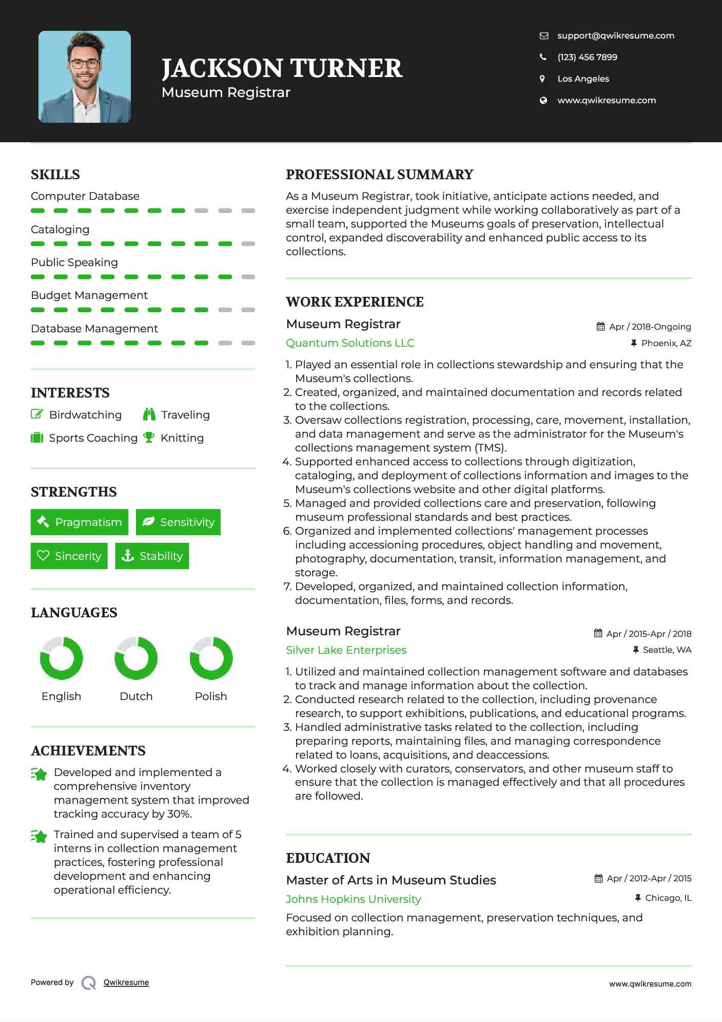 Museum Registrar Resume Sample