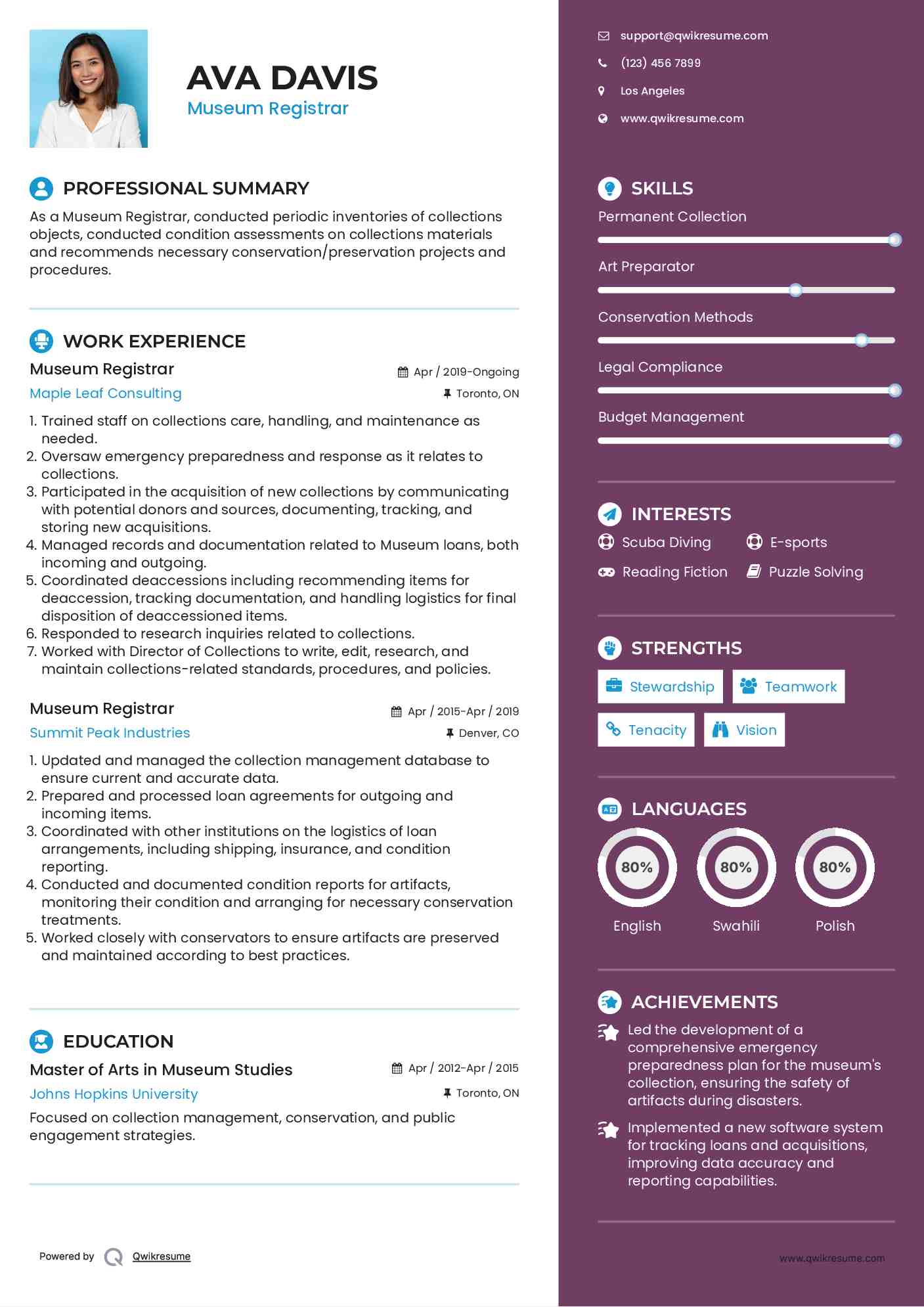 Museum Registrar Resume Format