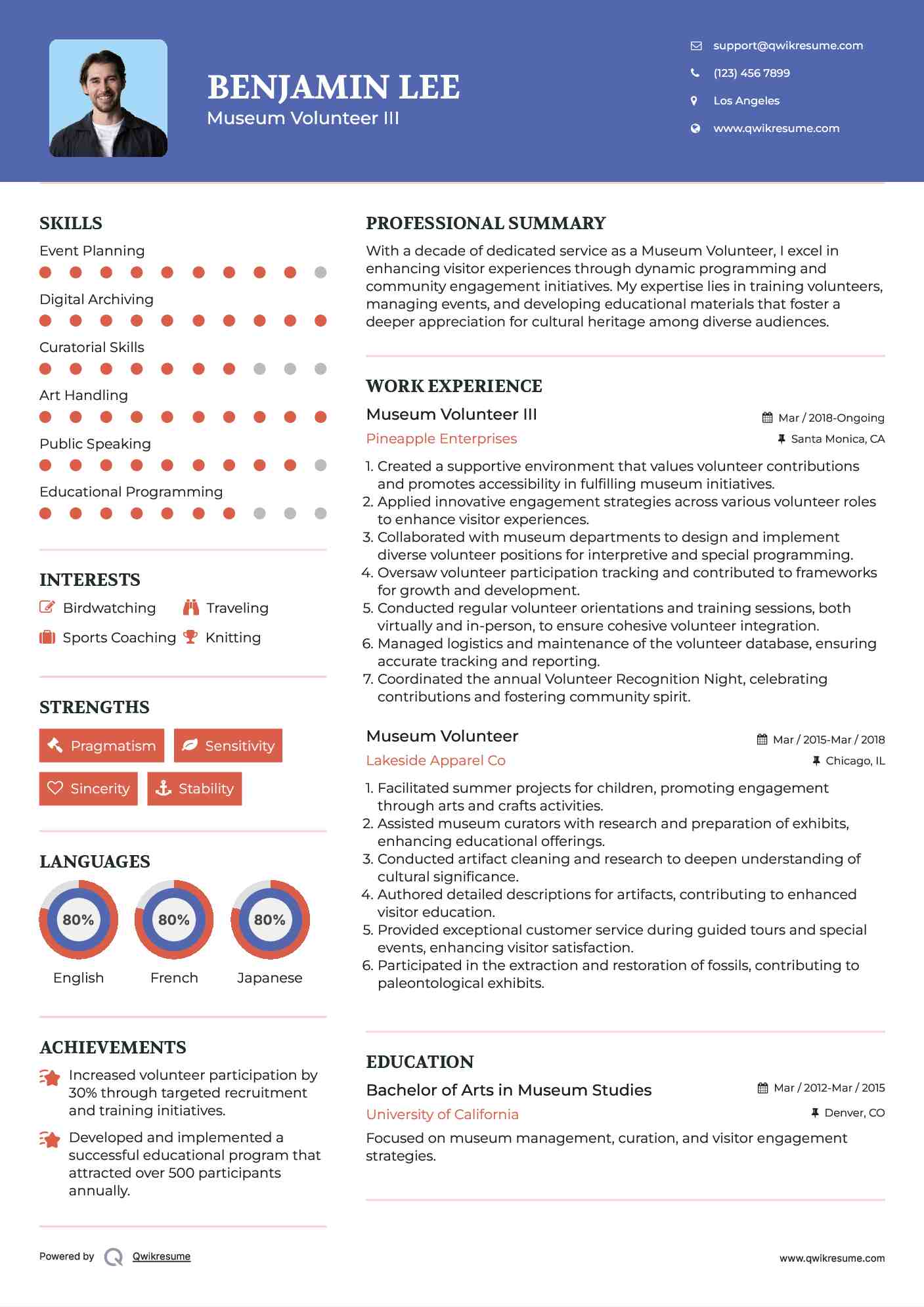 Museum Volunteer III Resume Model