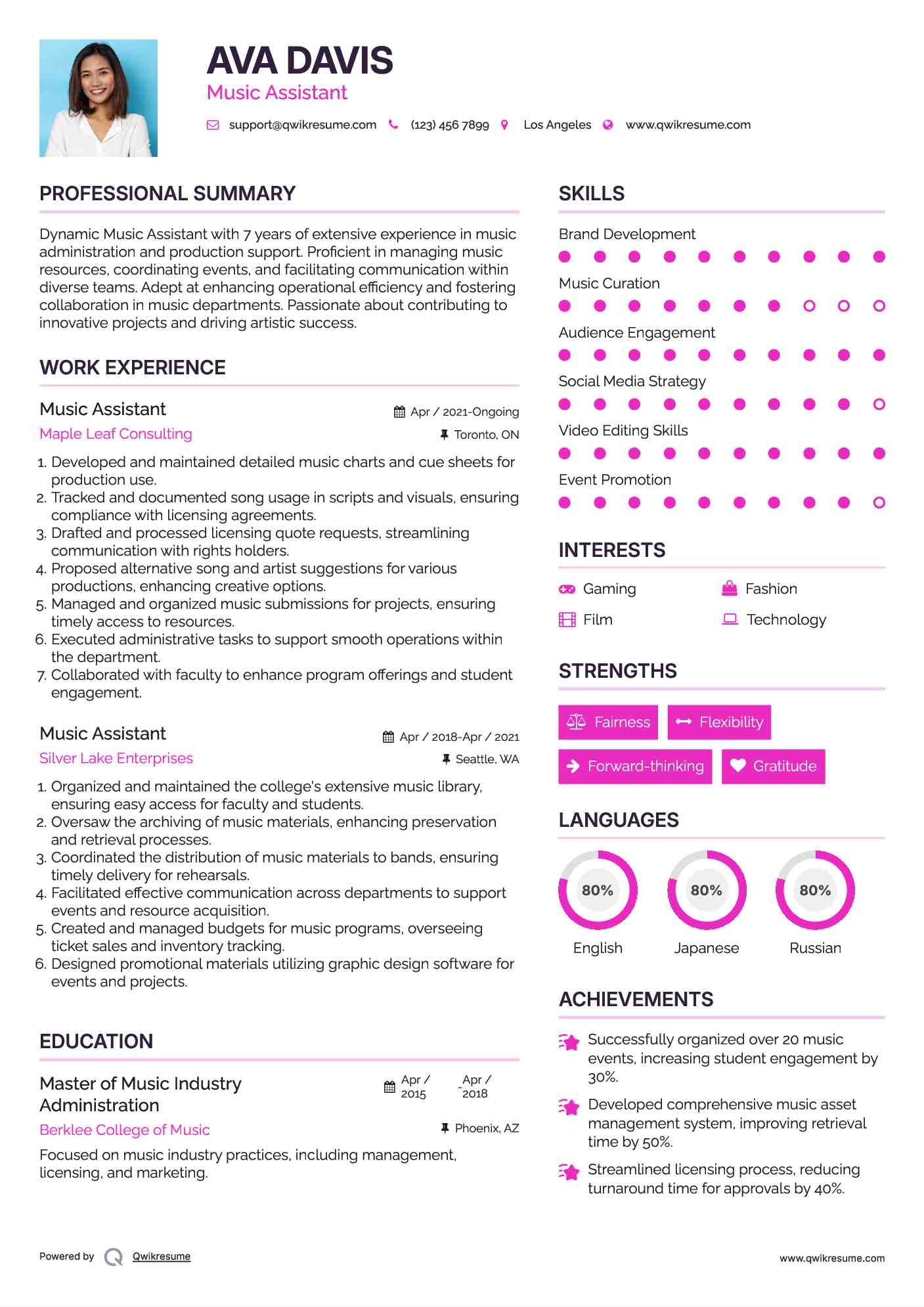 Music Assistant Resume Format