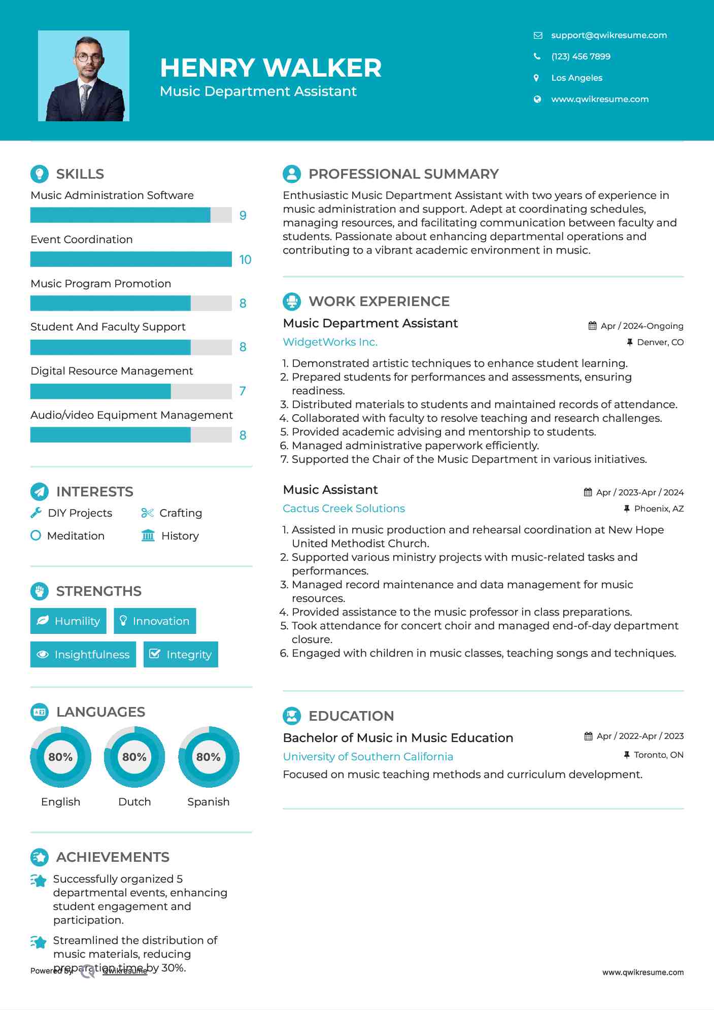 Music Department Assistant Resume Format