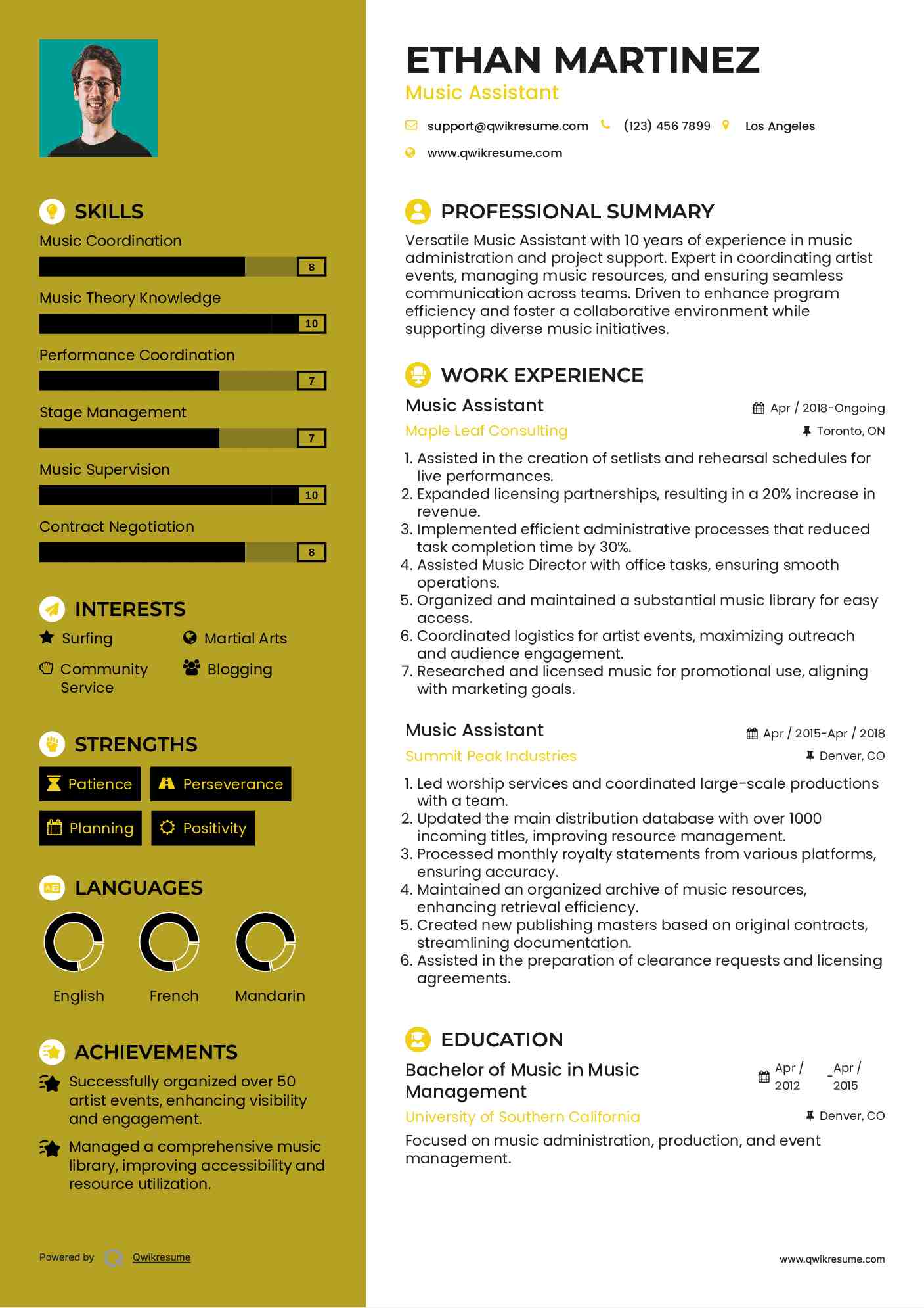 Music Assistant Resume Example