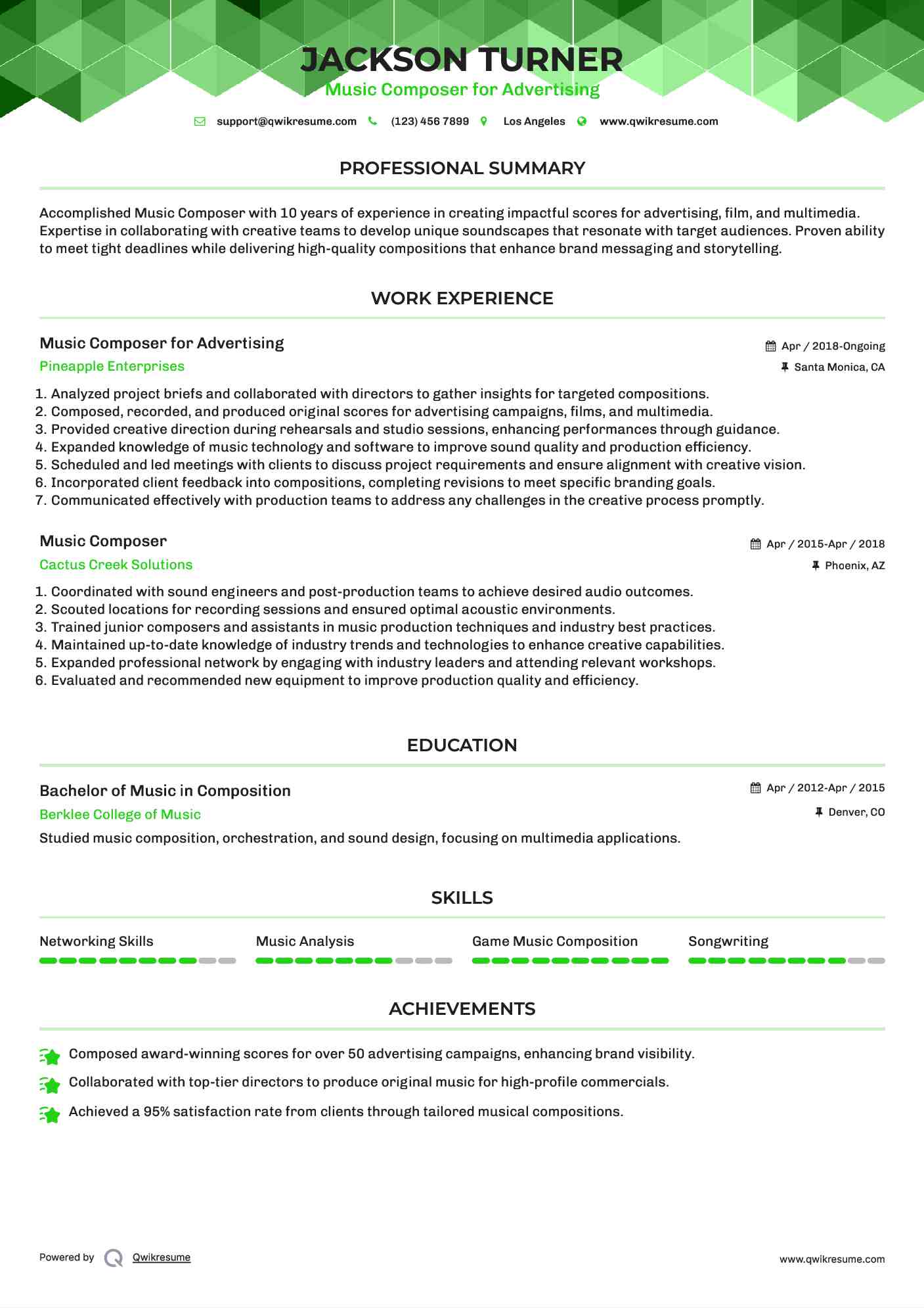 Music Composer for Advertising Resume Format