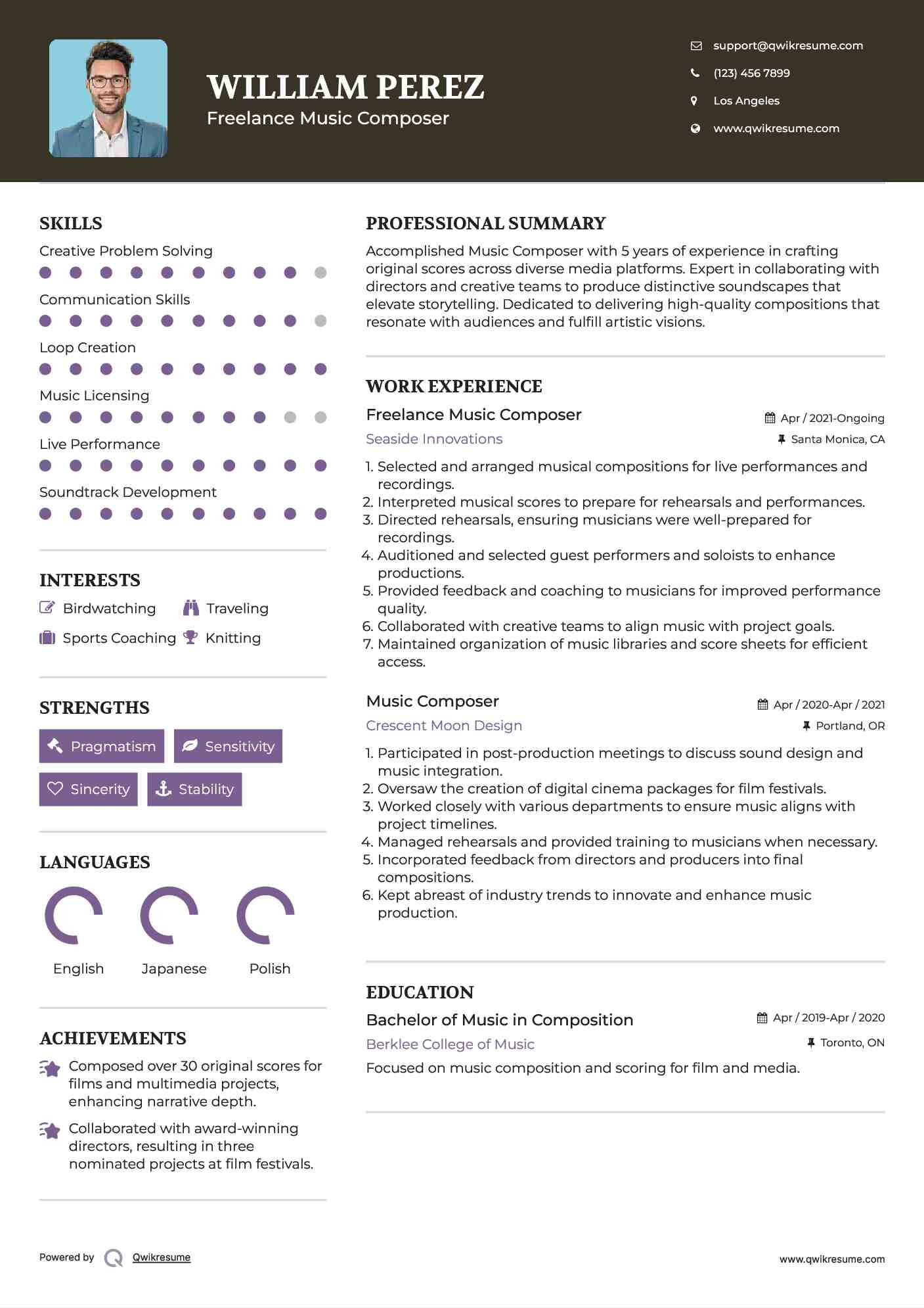 Freelance Music Composer Resume Example