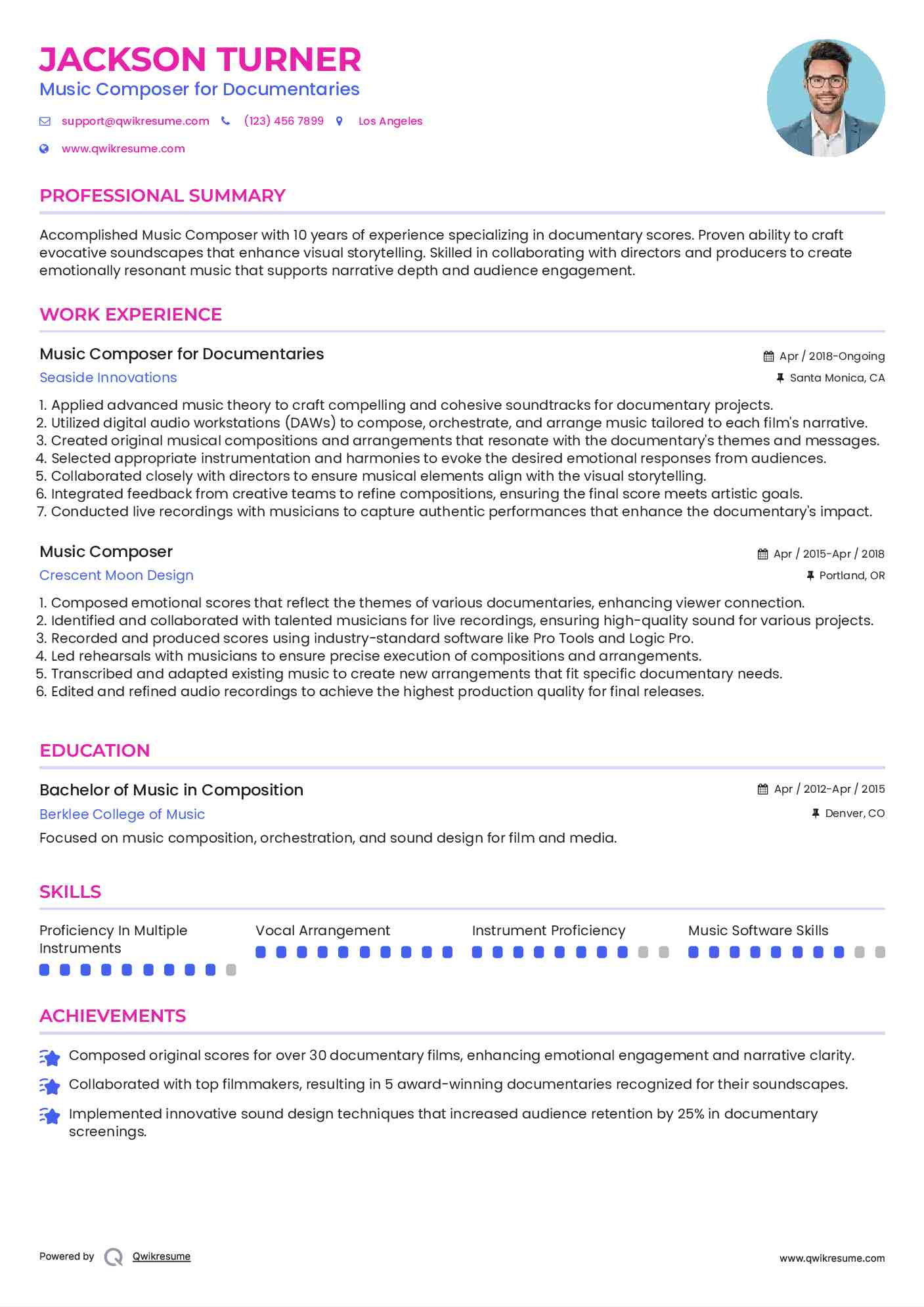 Music Composer for Documentaries Resume Example