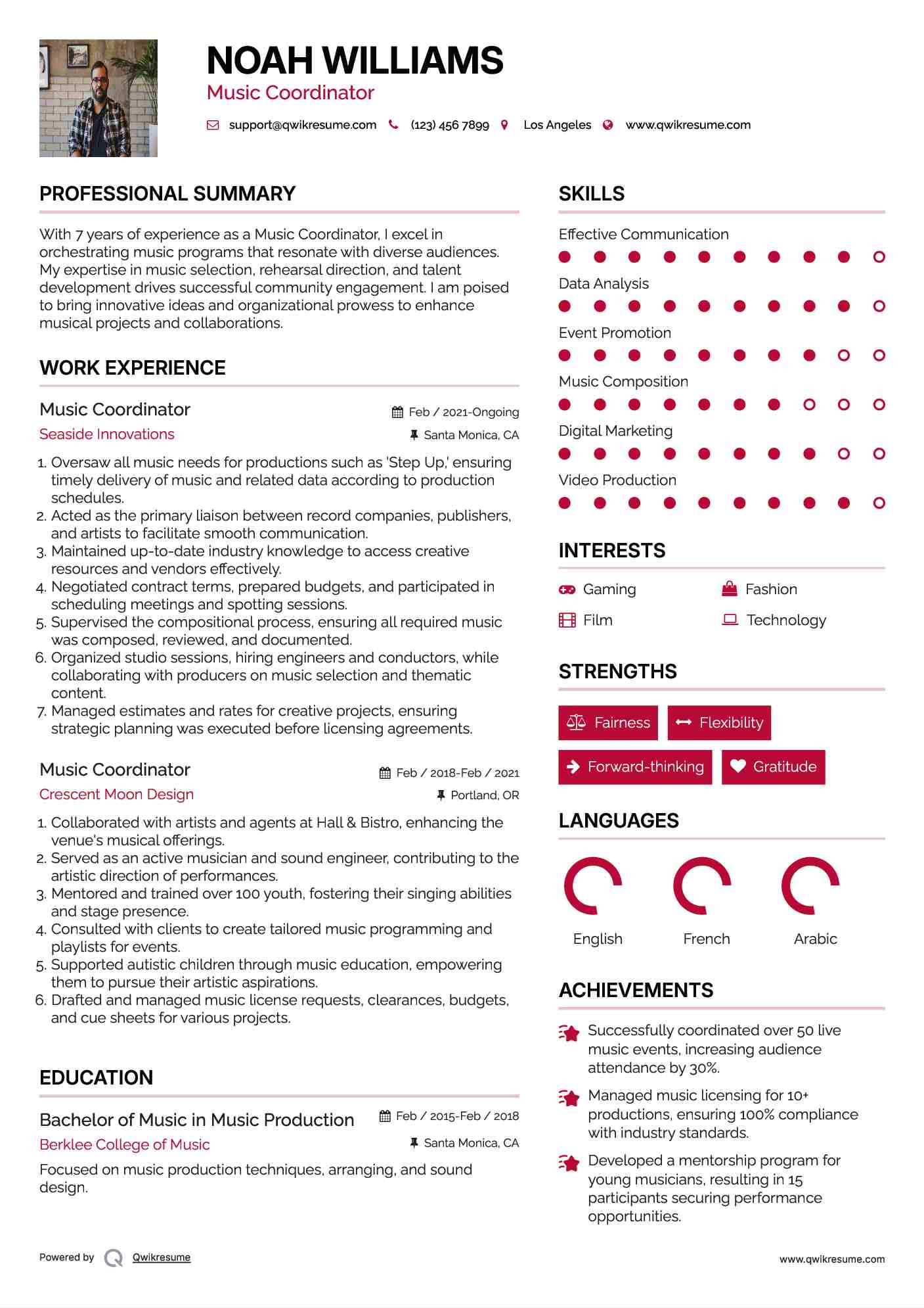 Music Coordinator Resume Example