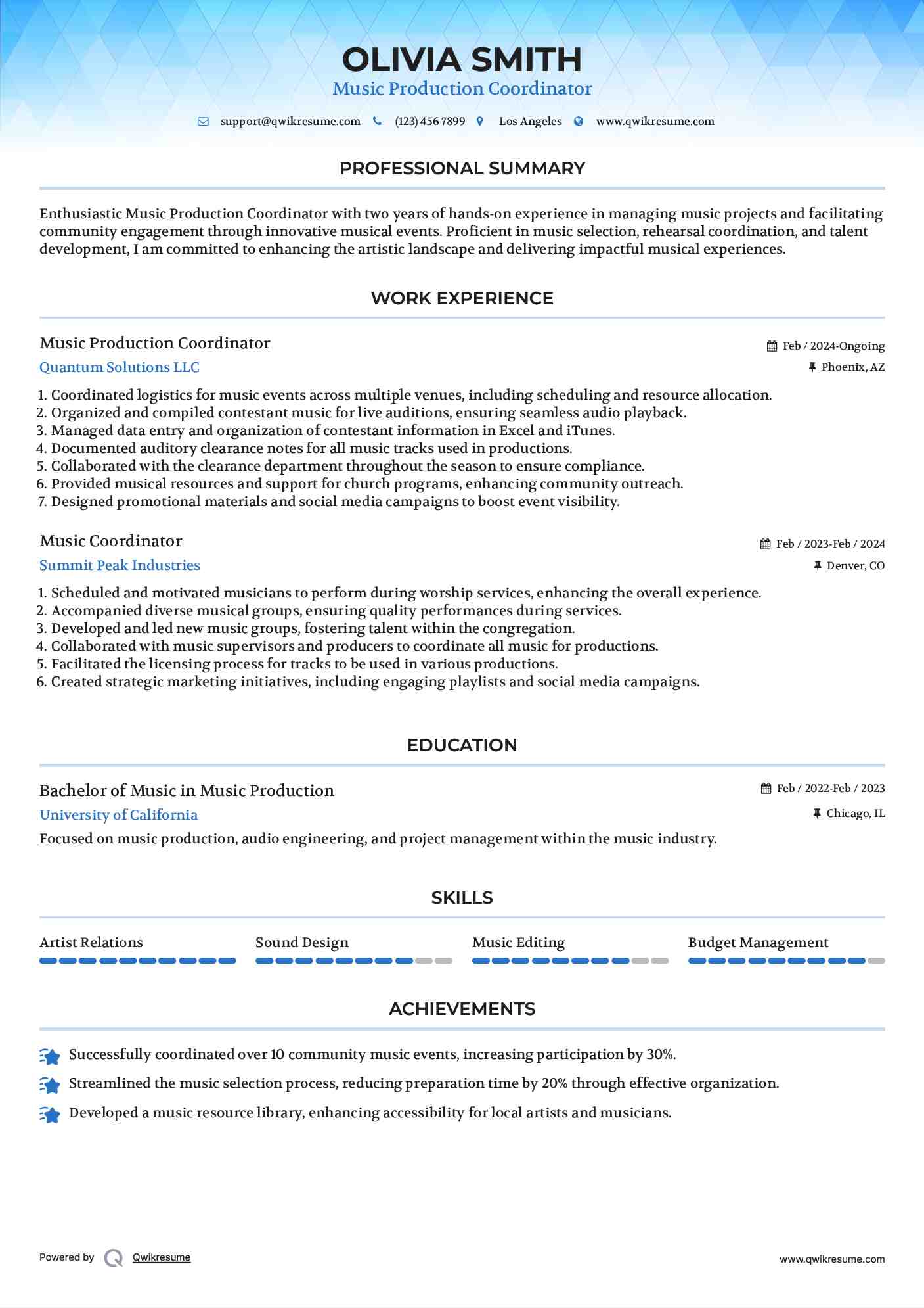 Music Coordinator Resume Samples QwikResume
