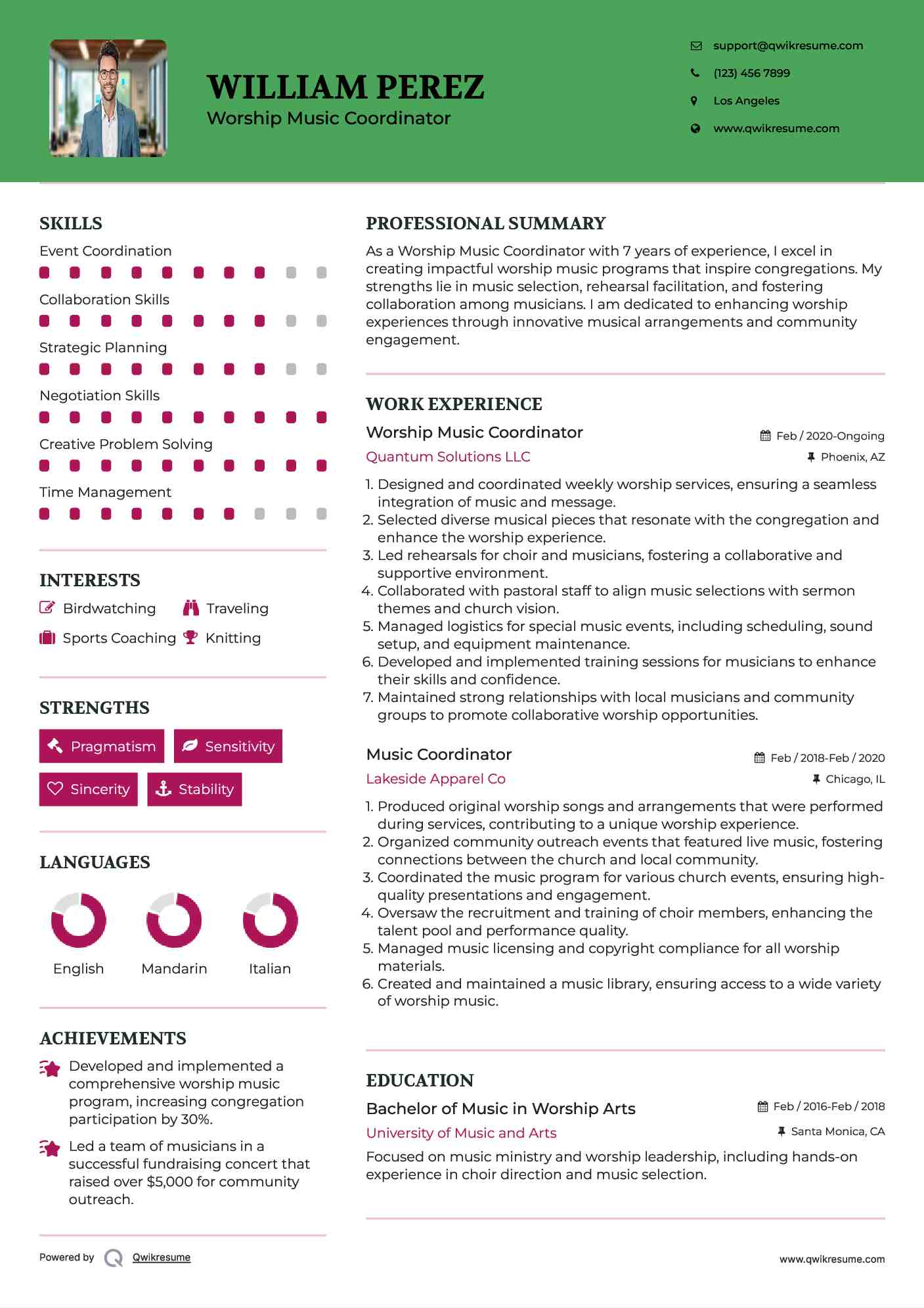 Music Coordinator Resume Samples QwikResume