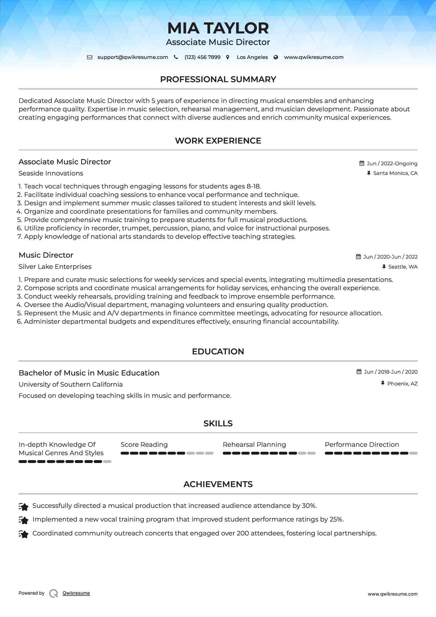 Associate Music Director Resume Example