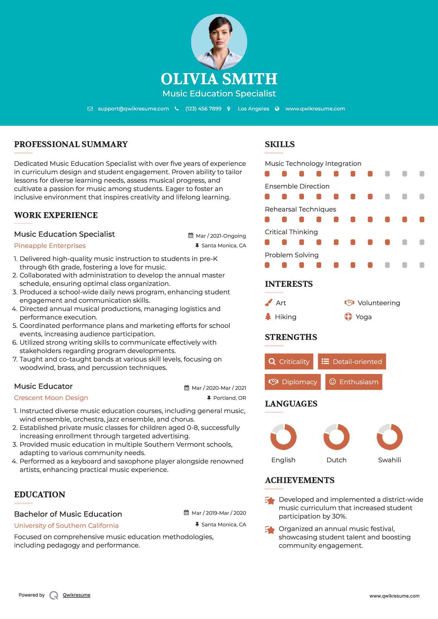 Music Education Specialist Resume Model