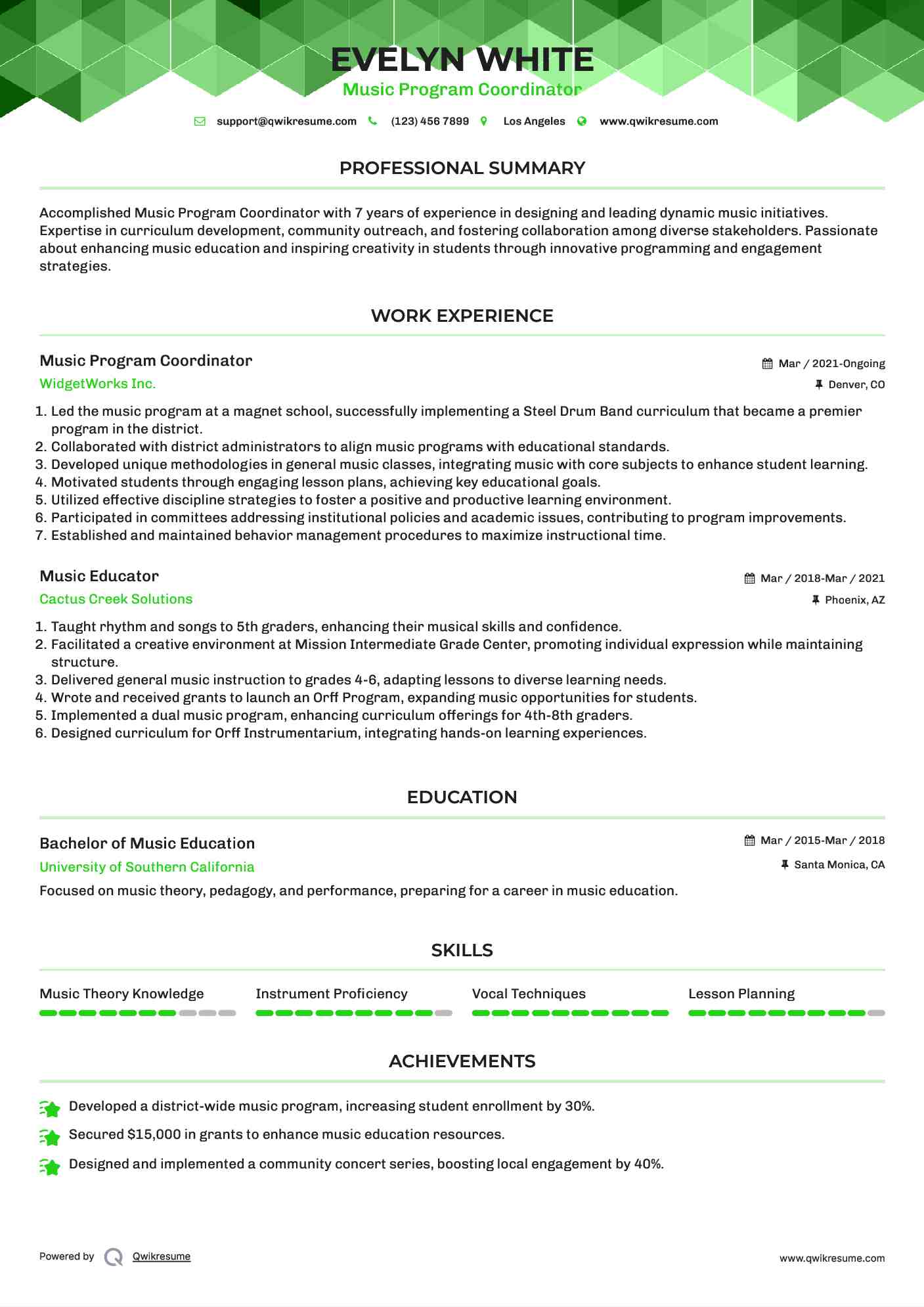 Music Program Coordinator Resume Sample