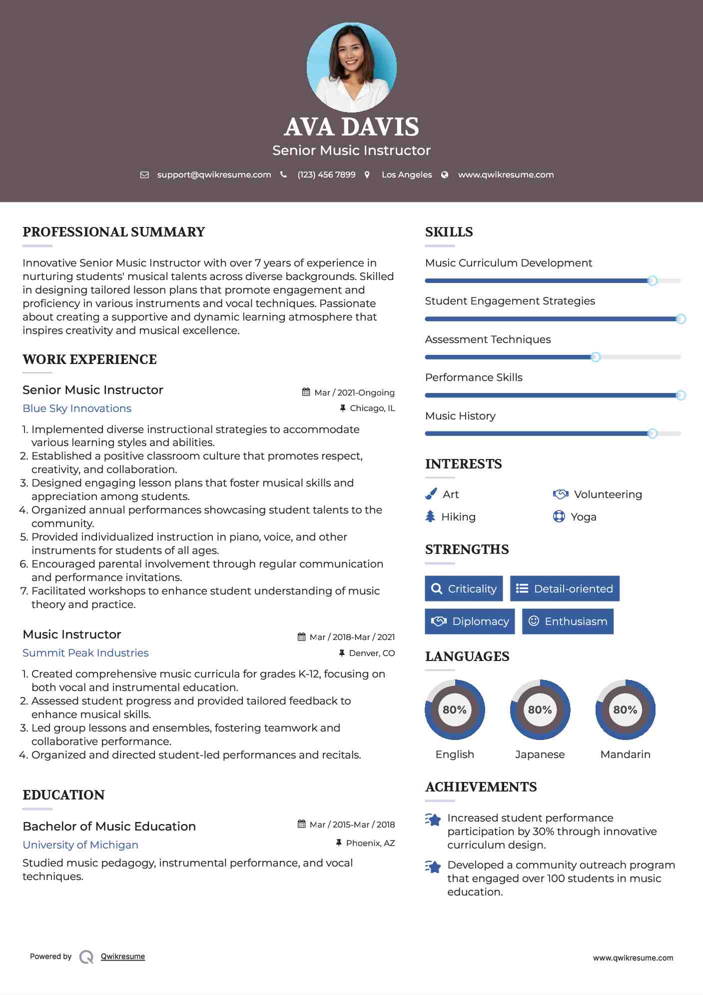 Senior Music Instructor Resume Model