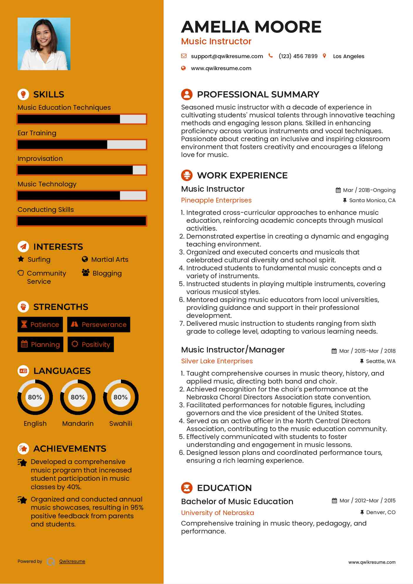 Music Instructor Resume Model