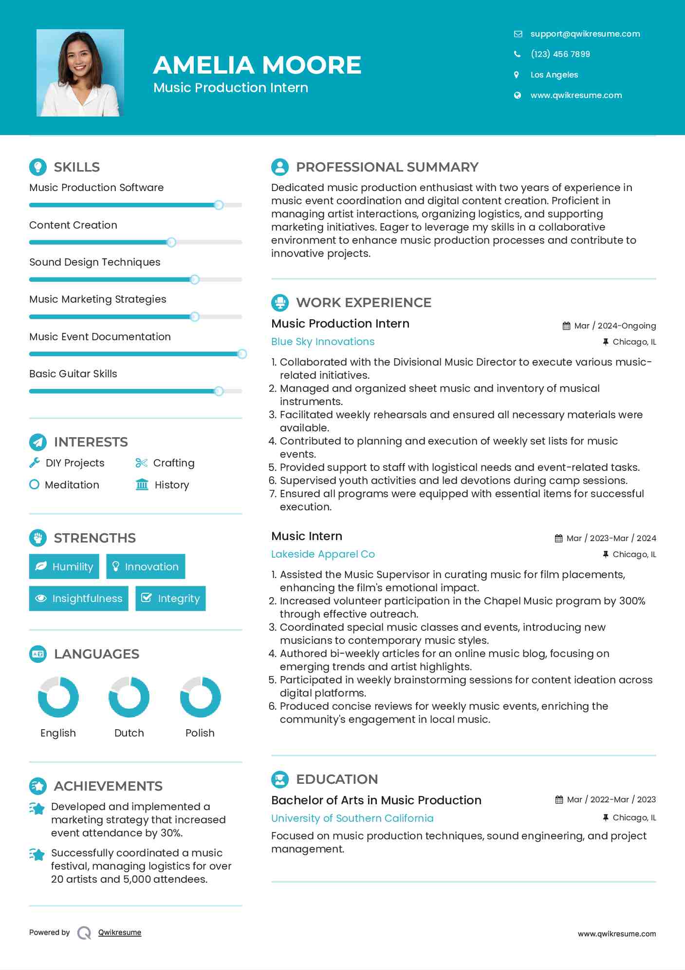 Music Production Intern
 Resume Template