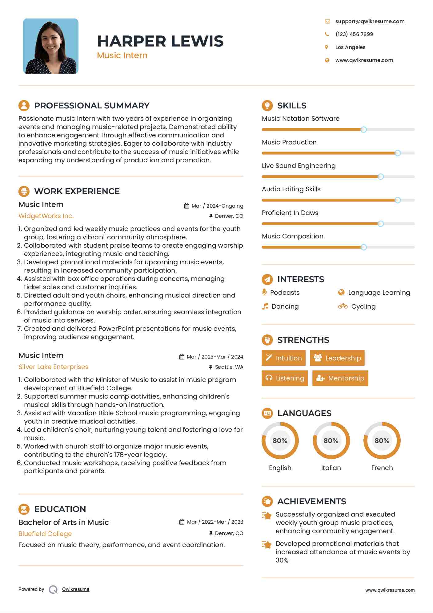 Music Intern
 Resume Model