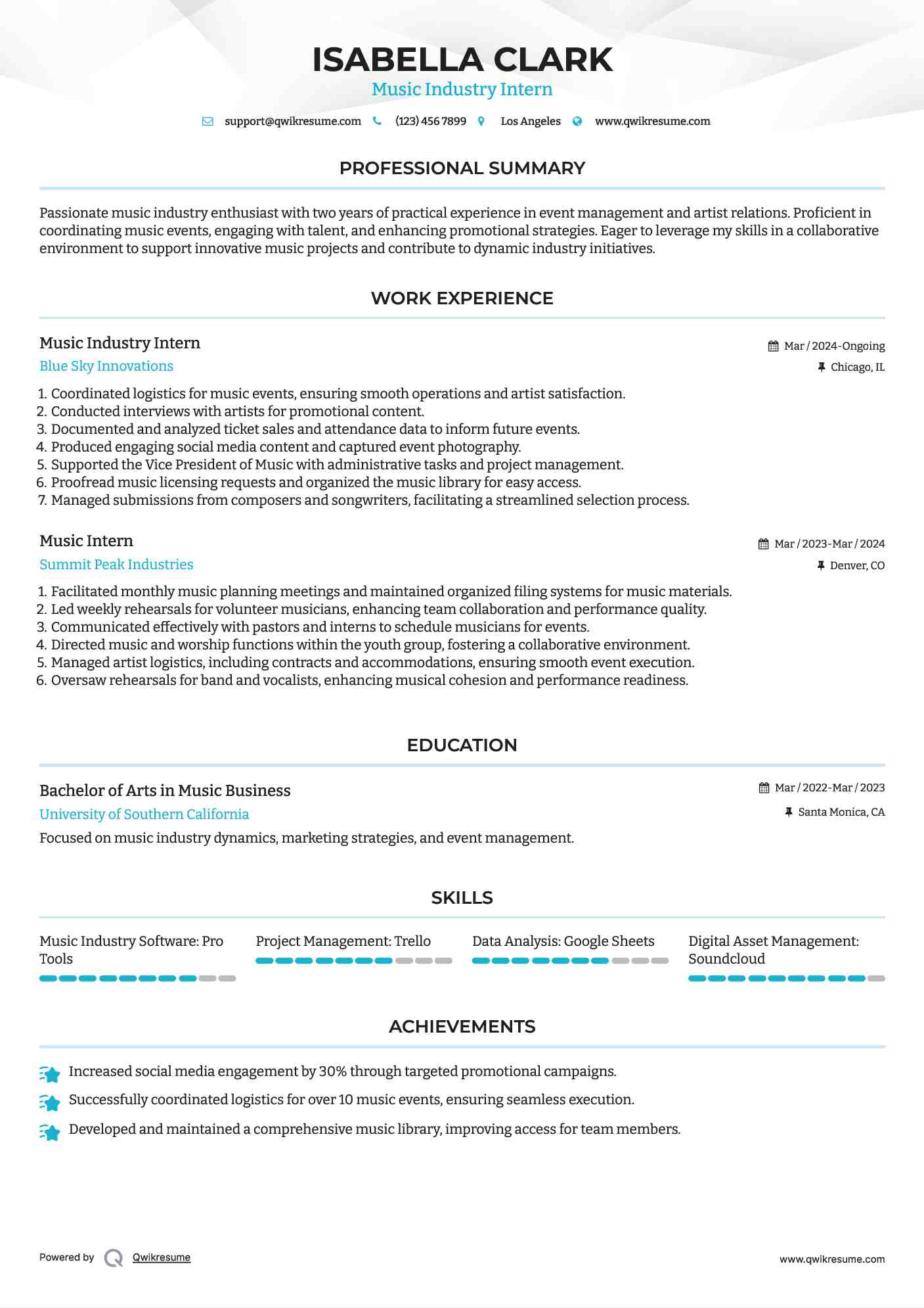 Music Industry Intern
 Resume Template