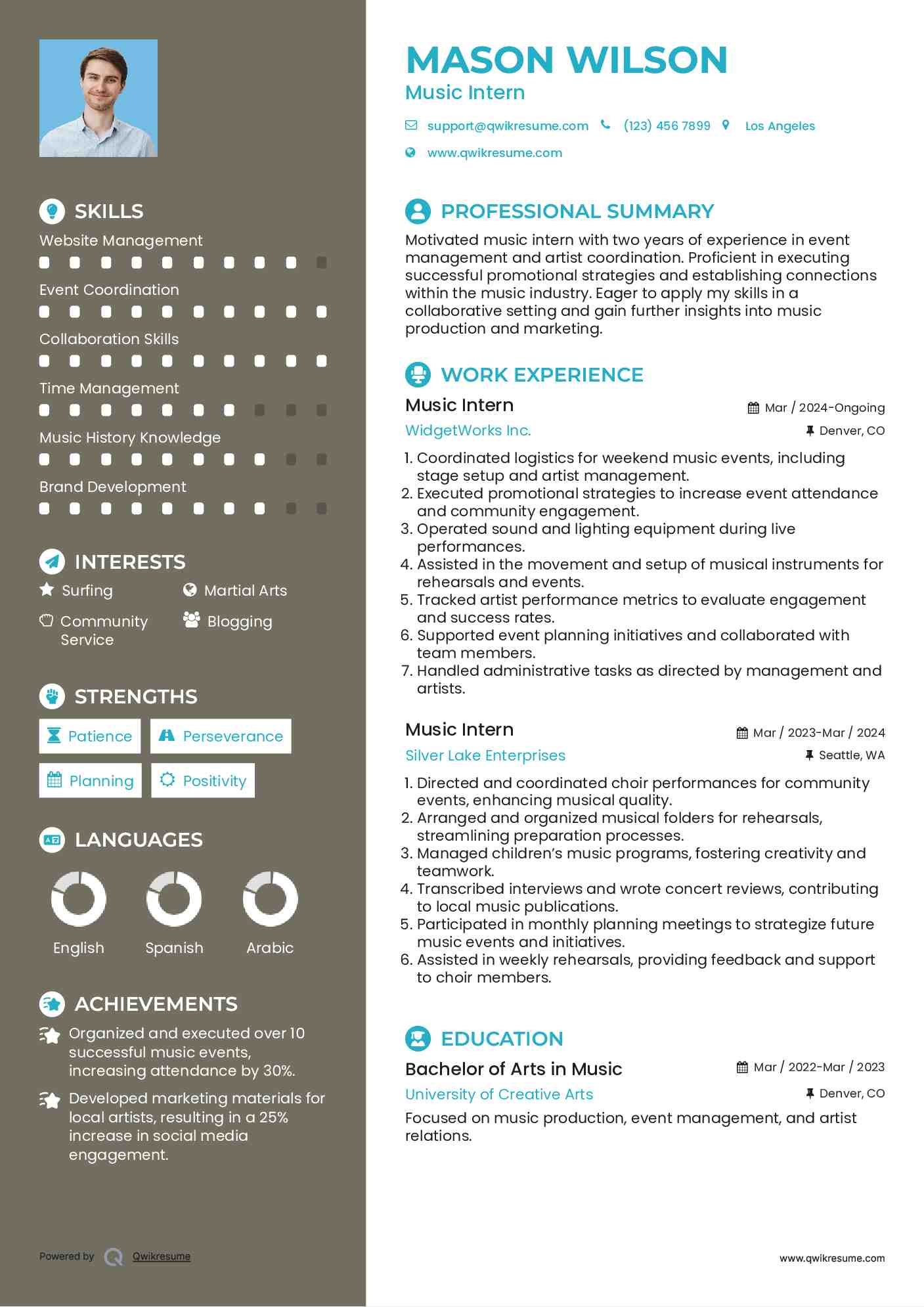 Music Intern
 Resume Sample