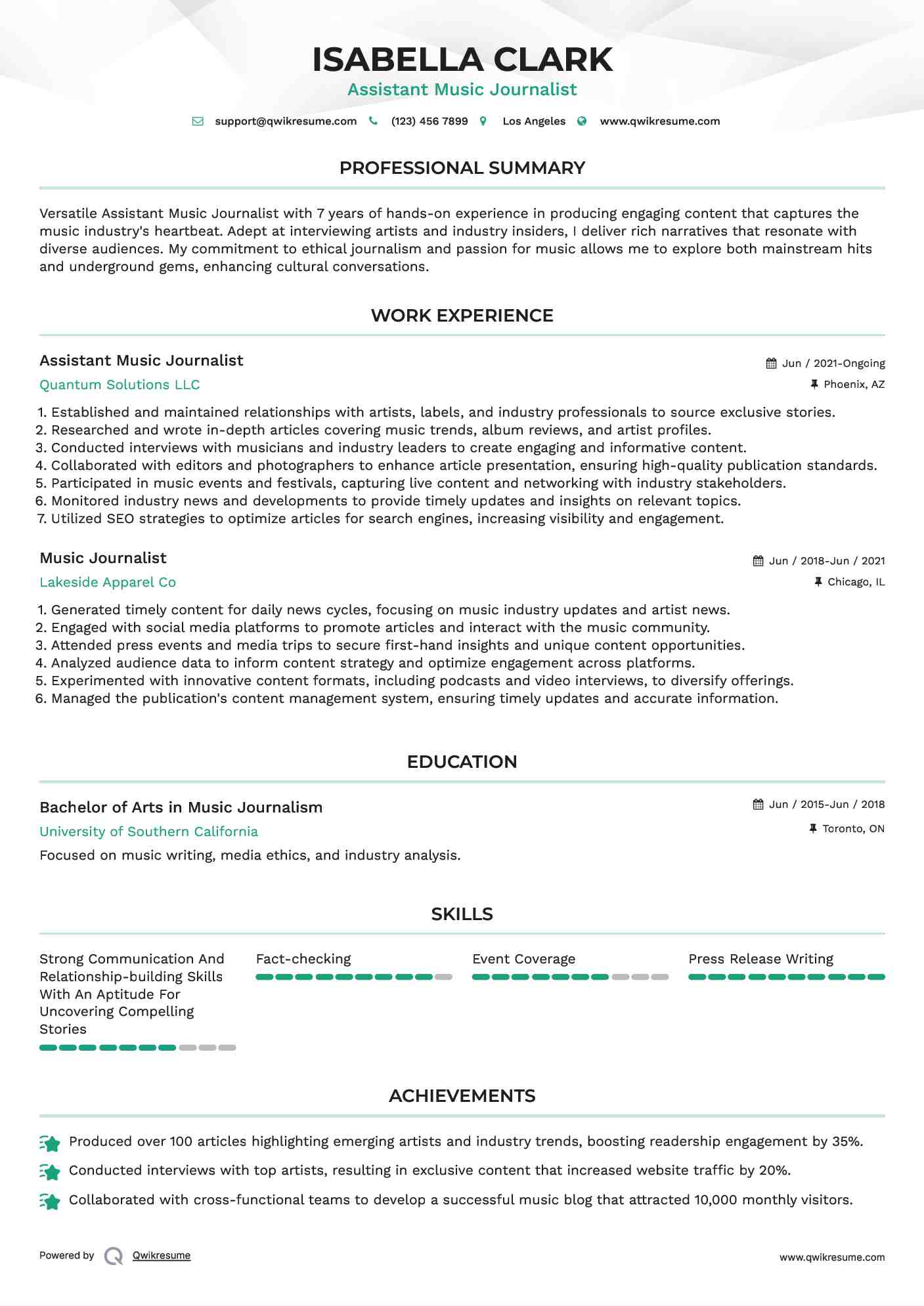 Assistant Music Journalist Resume Example