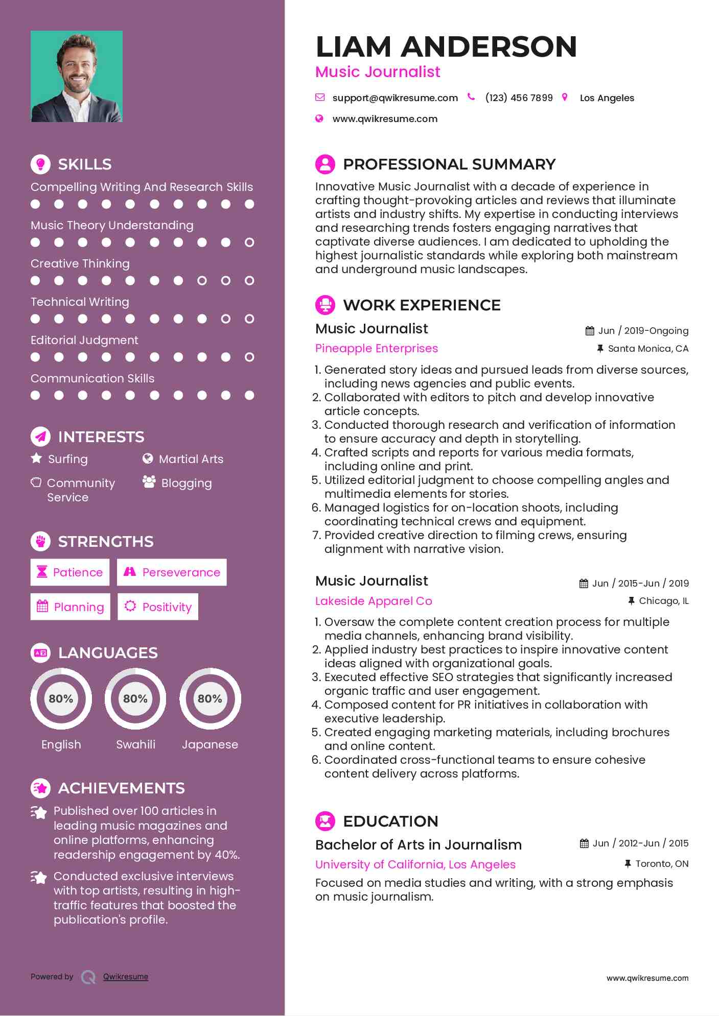 Music Journalist Resume Sample