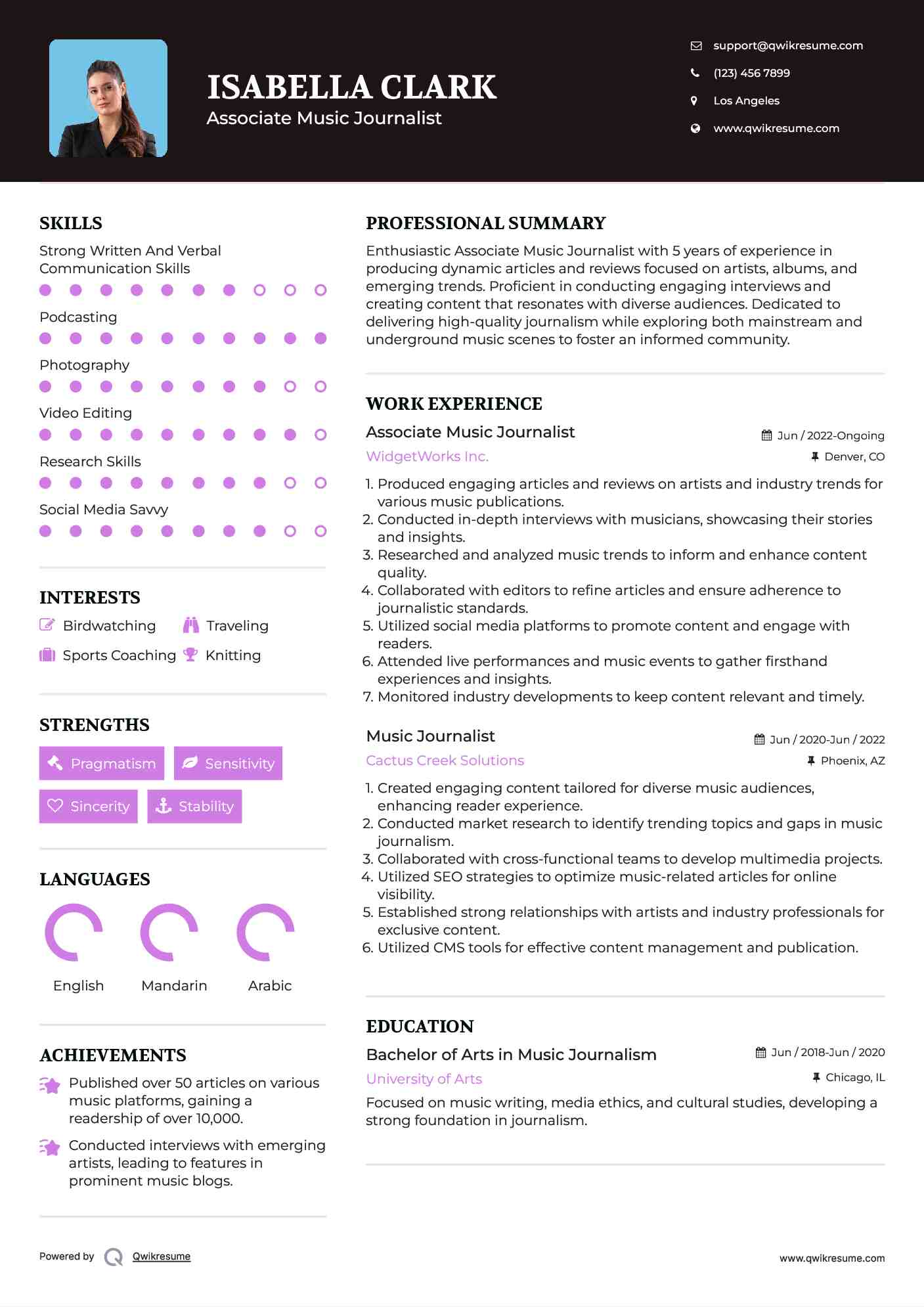 Associate Music Journalist Resume Format
