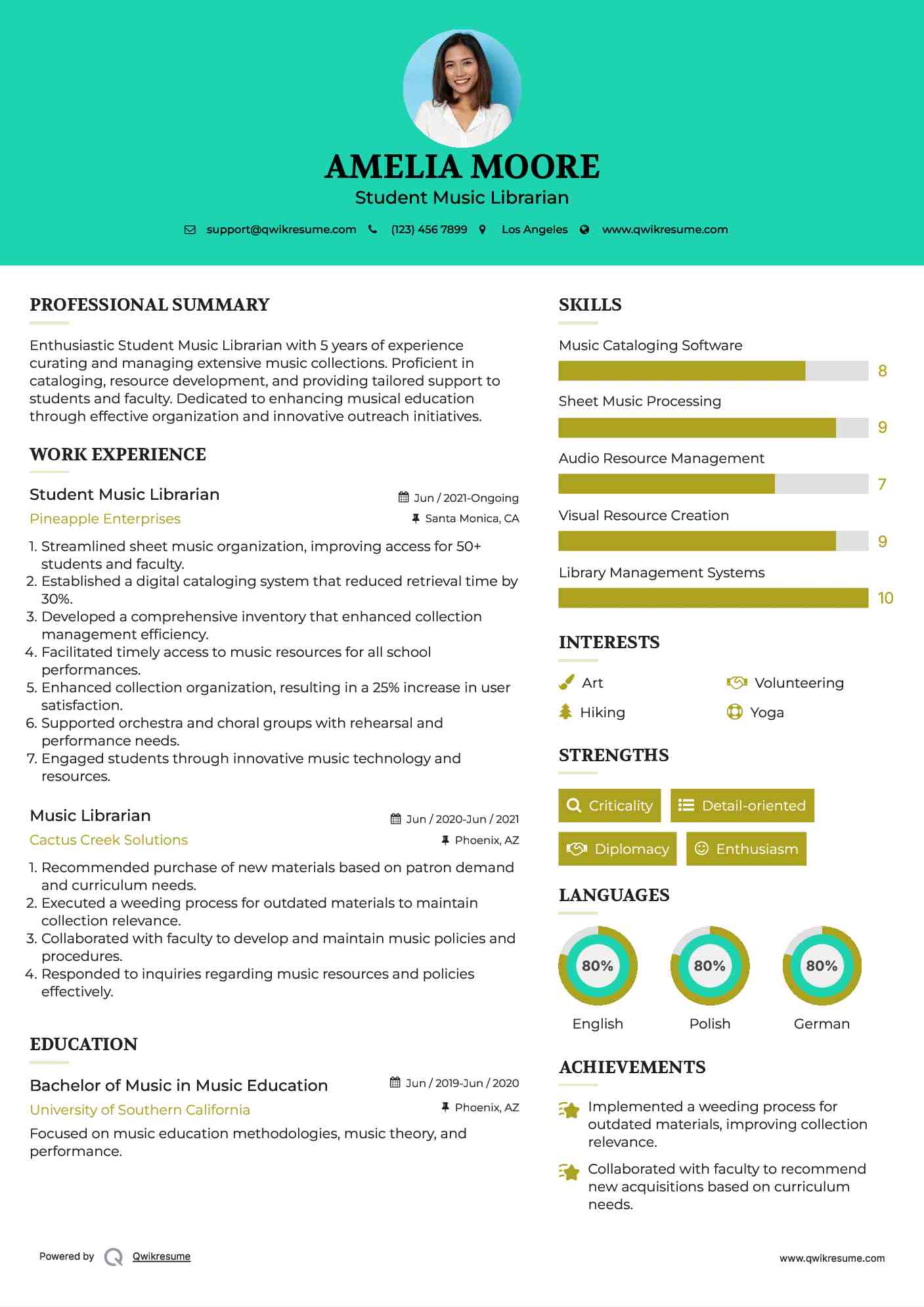 Student Music Librarian Resume Sample