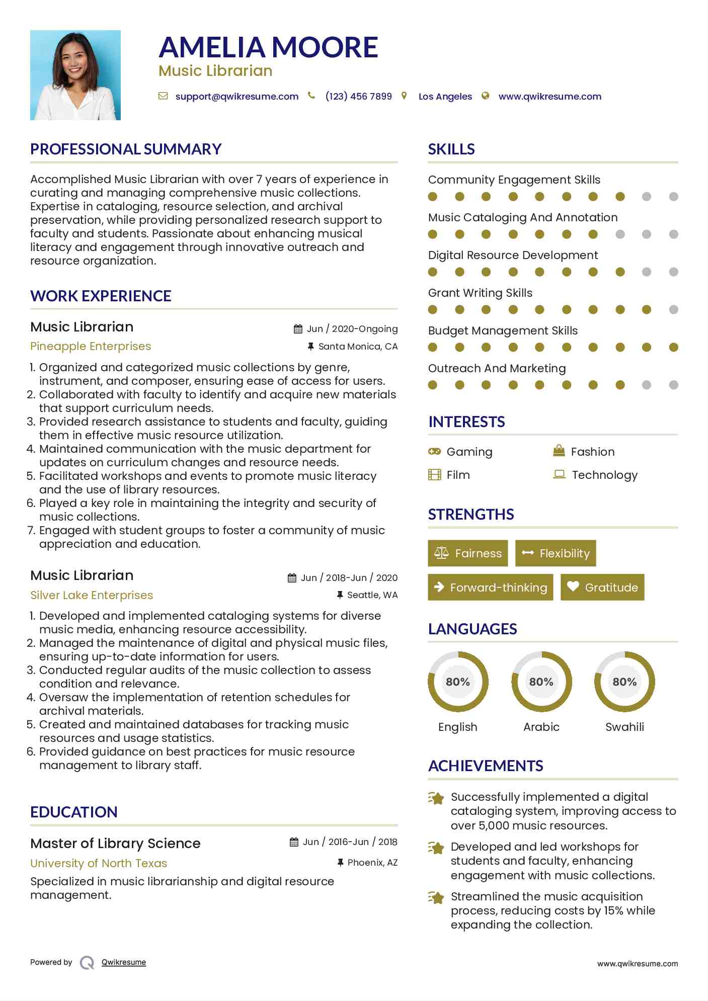 Music Librarian Resume Template