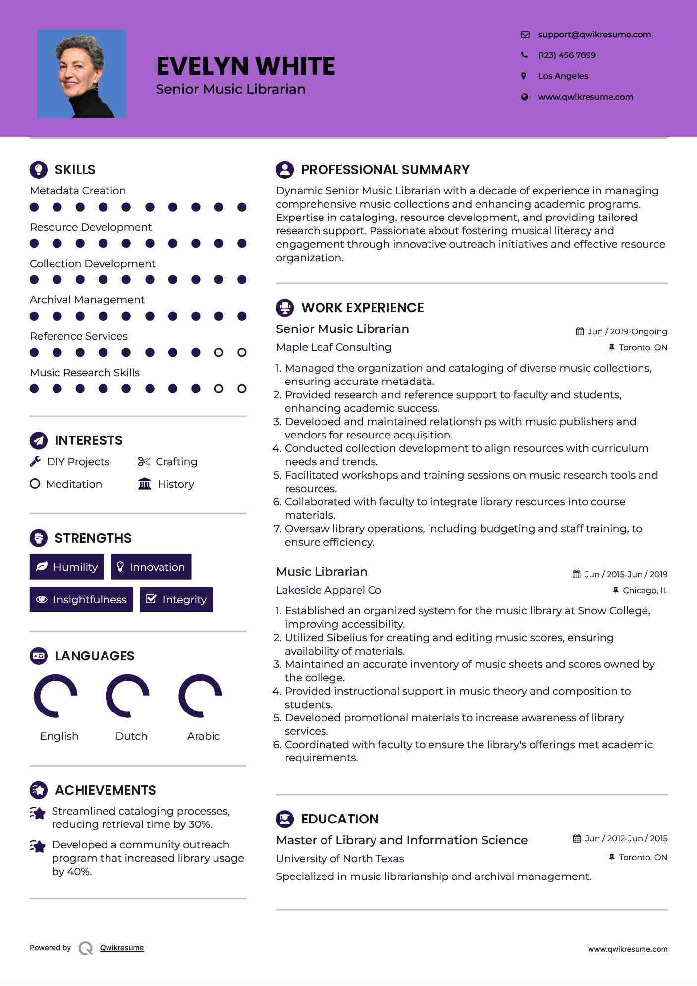 Senior Music Librarian Resume Template