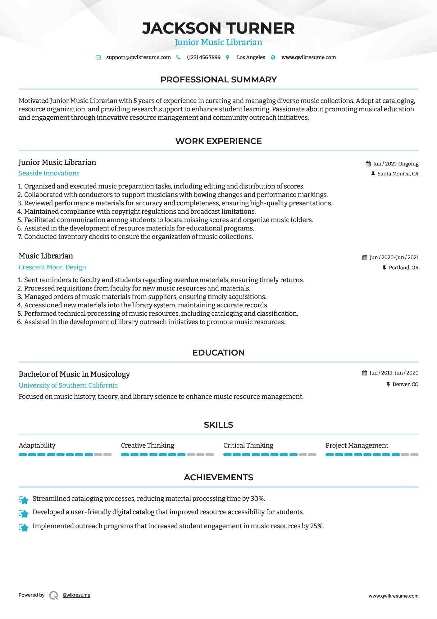 Junior Music Librarian Resume Model
