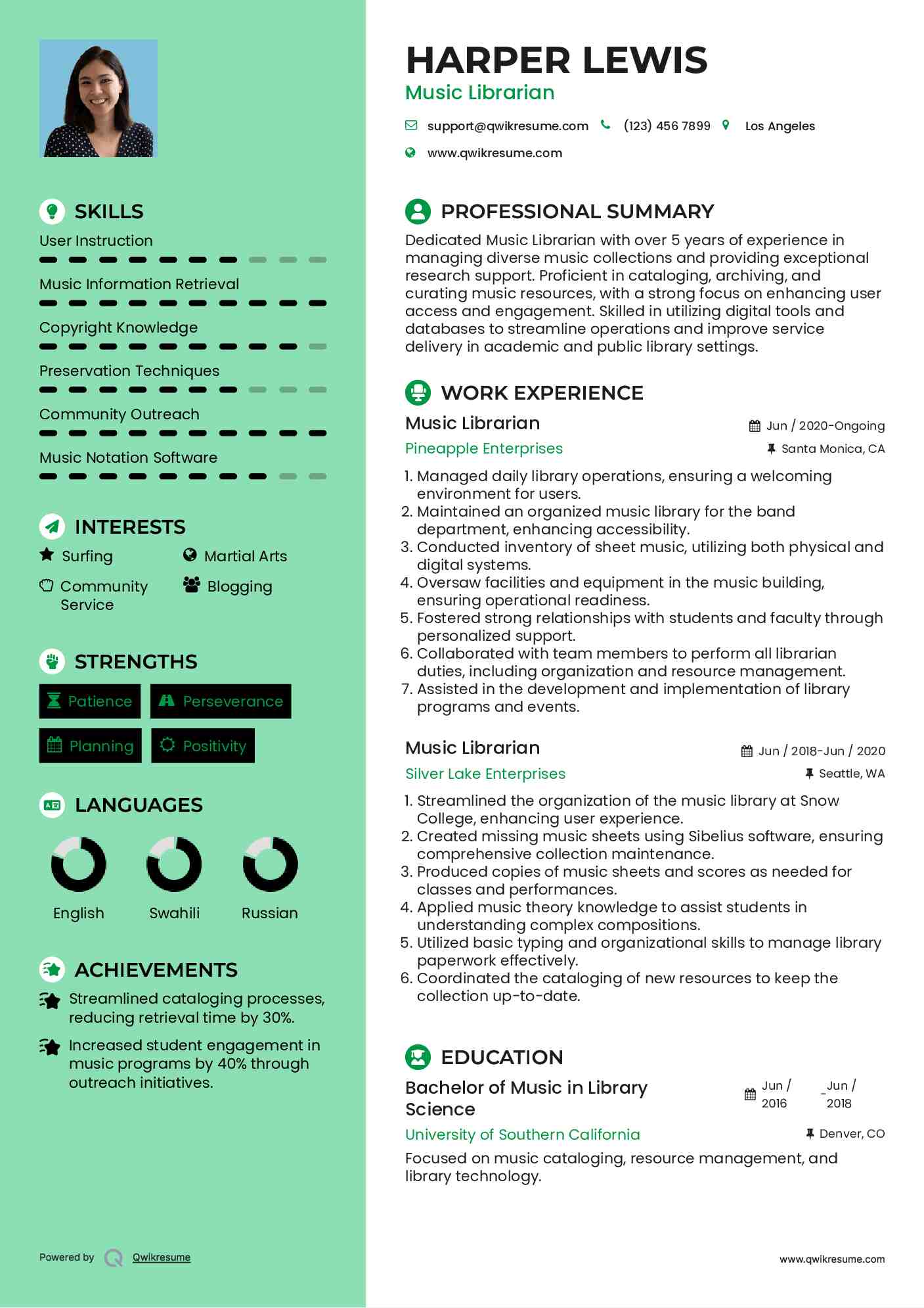 Music Librarian Resume Example