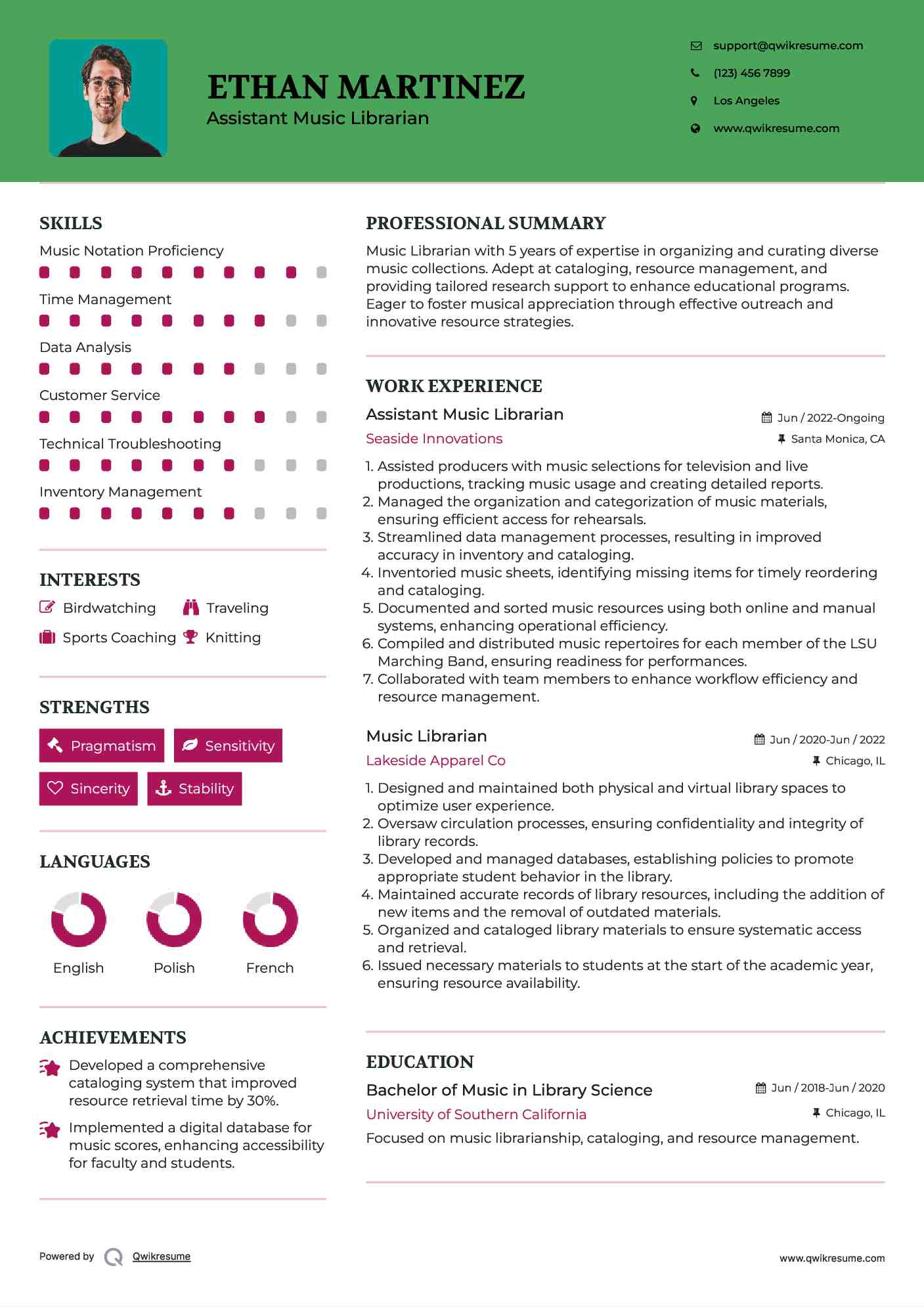 Assistant Music Librarian Resume Sample
