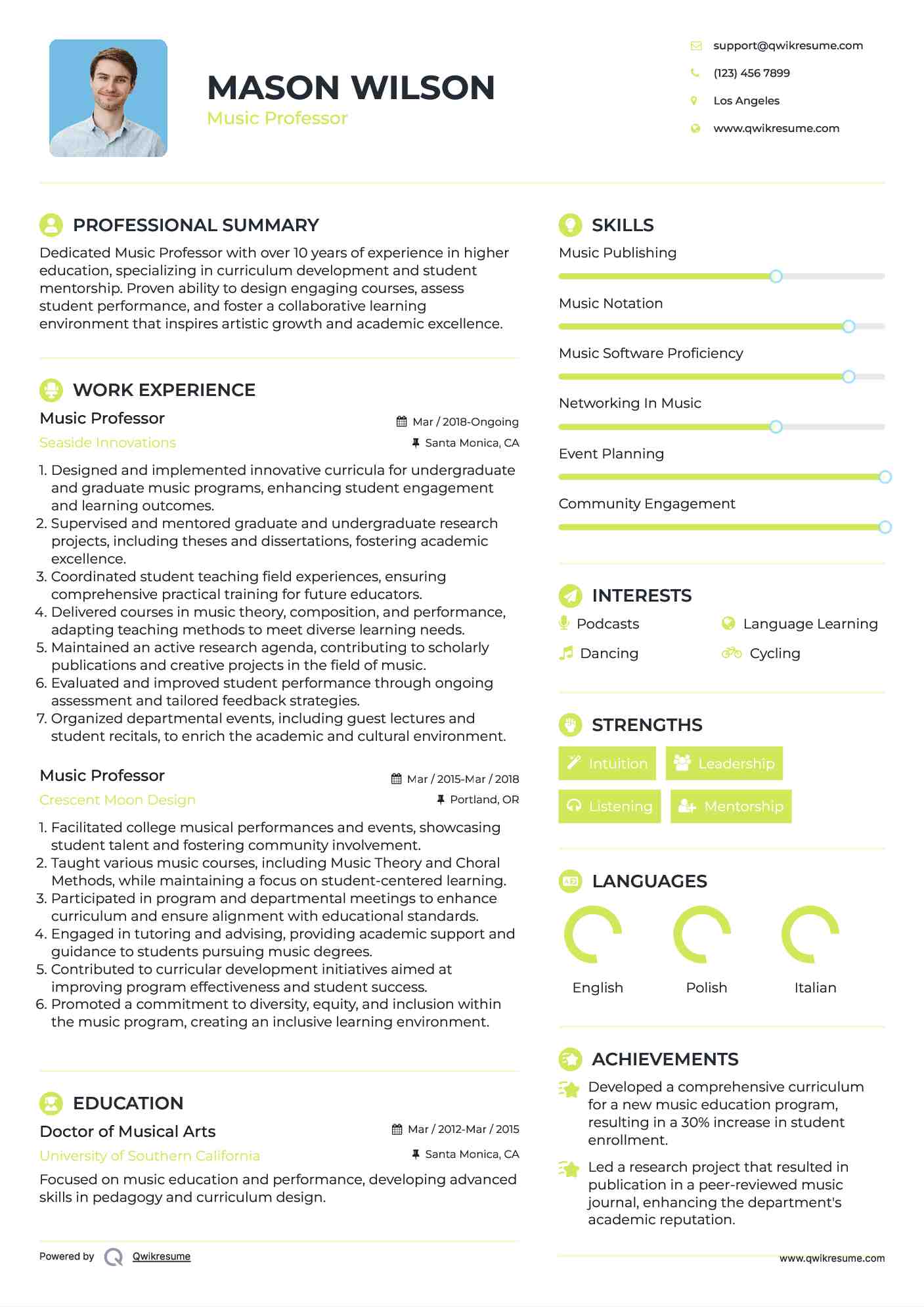 Music Professor Resume Template