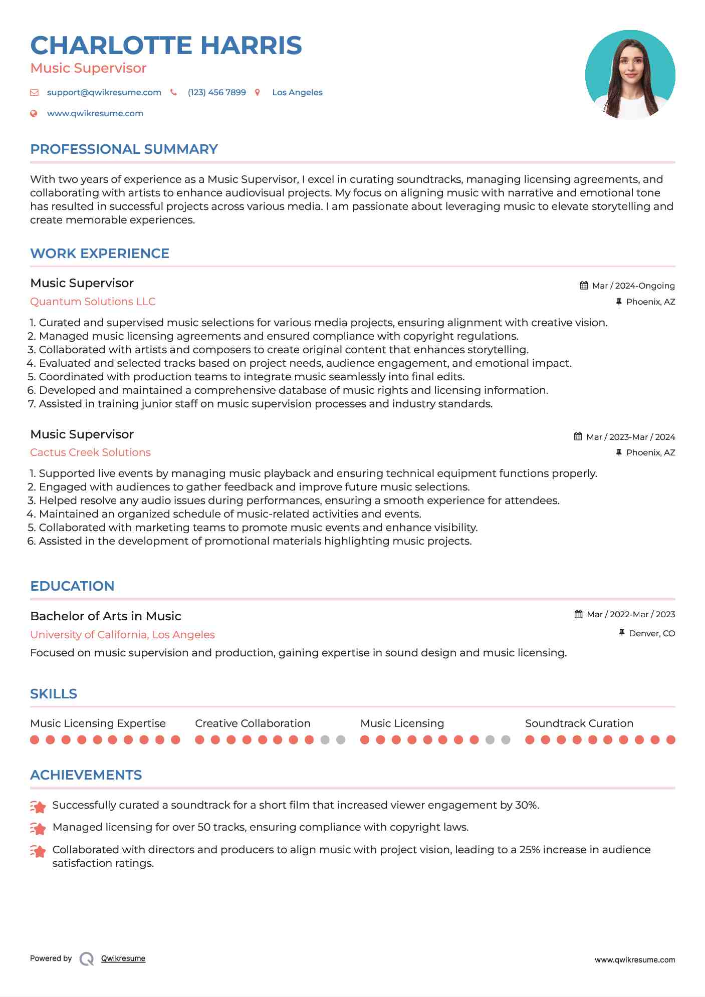 Music Supervisor Resume Sample