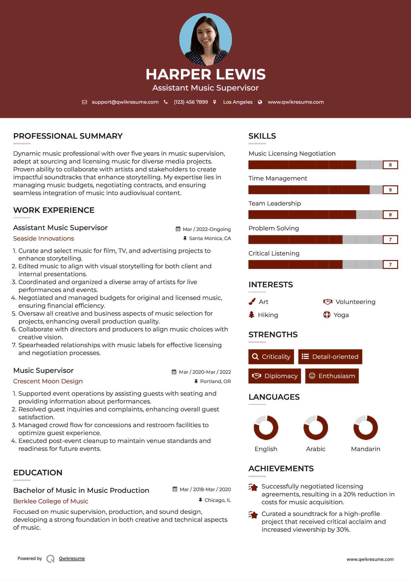 Assistant Music Supervisor Resume Template
