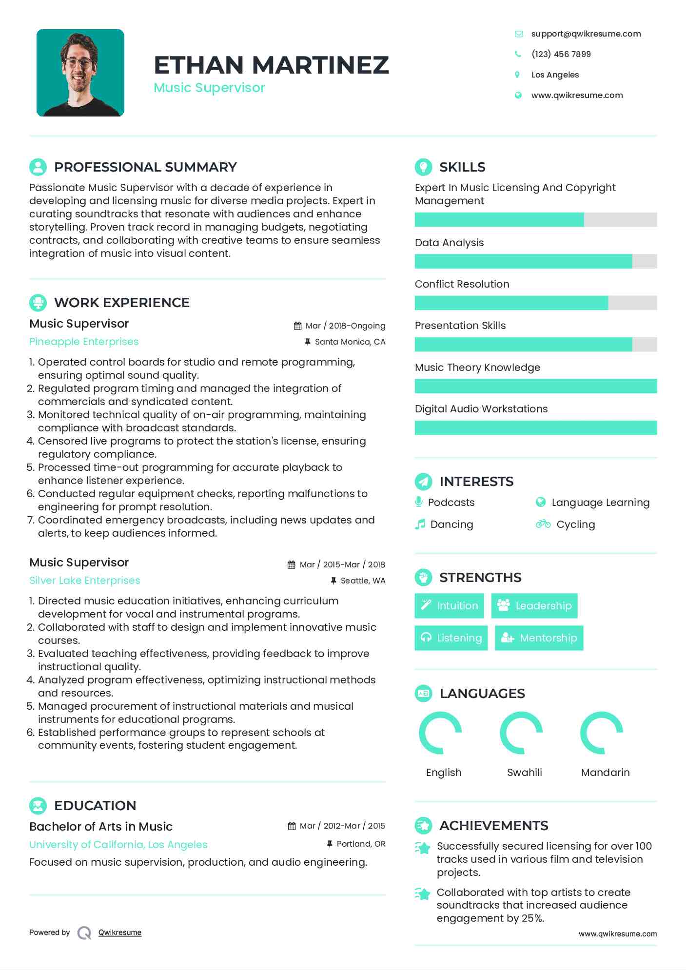 Music Supervisor Resume Template