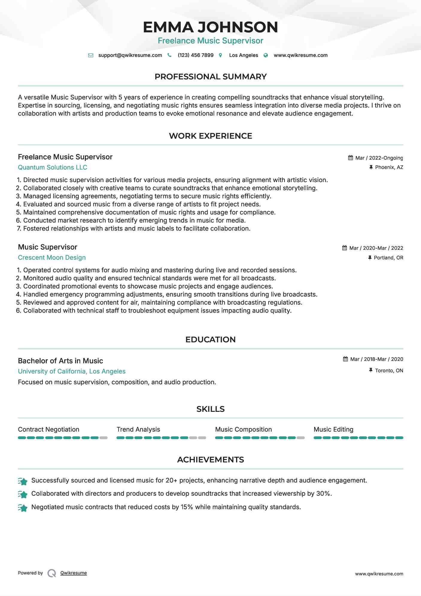 Freelance Music Supervisor Resume Sample