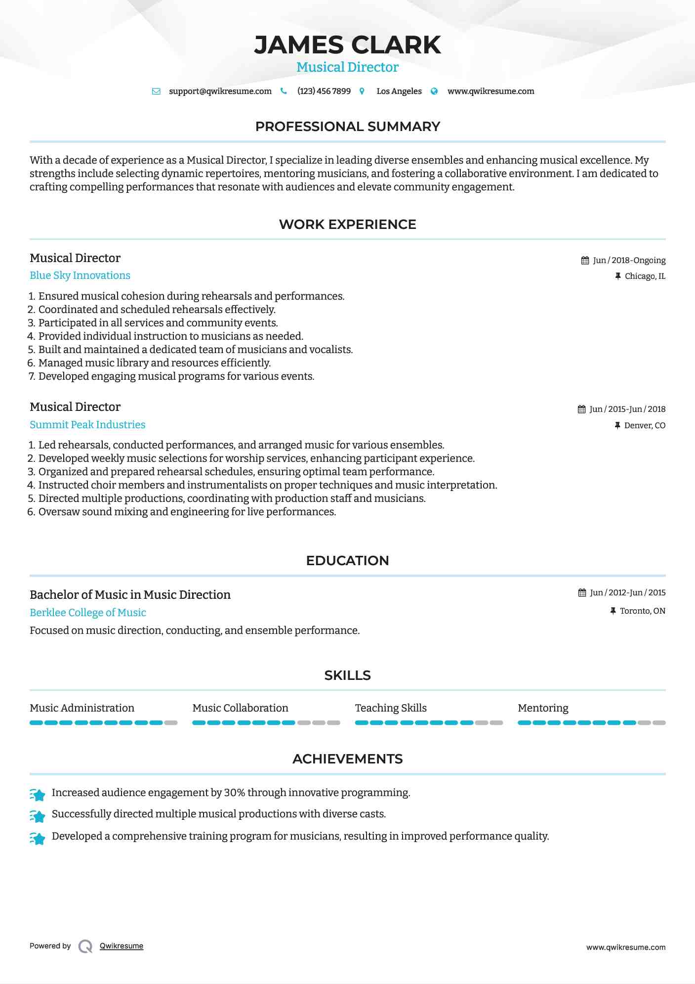Musical Director Resume Sample