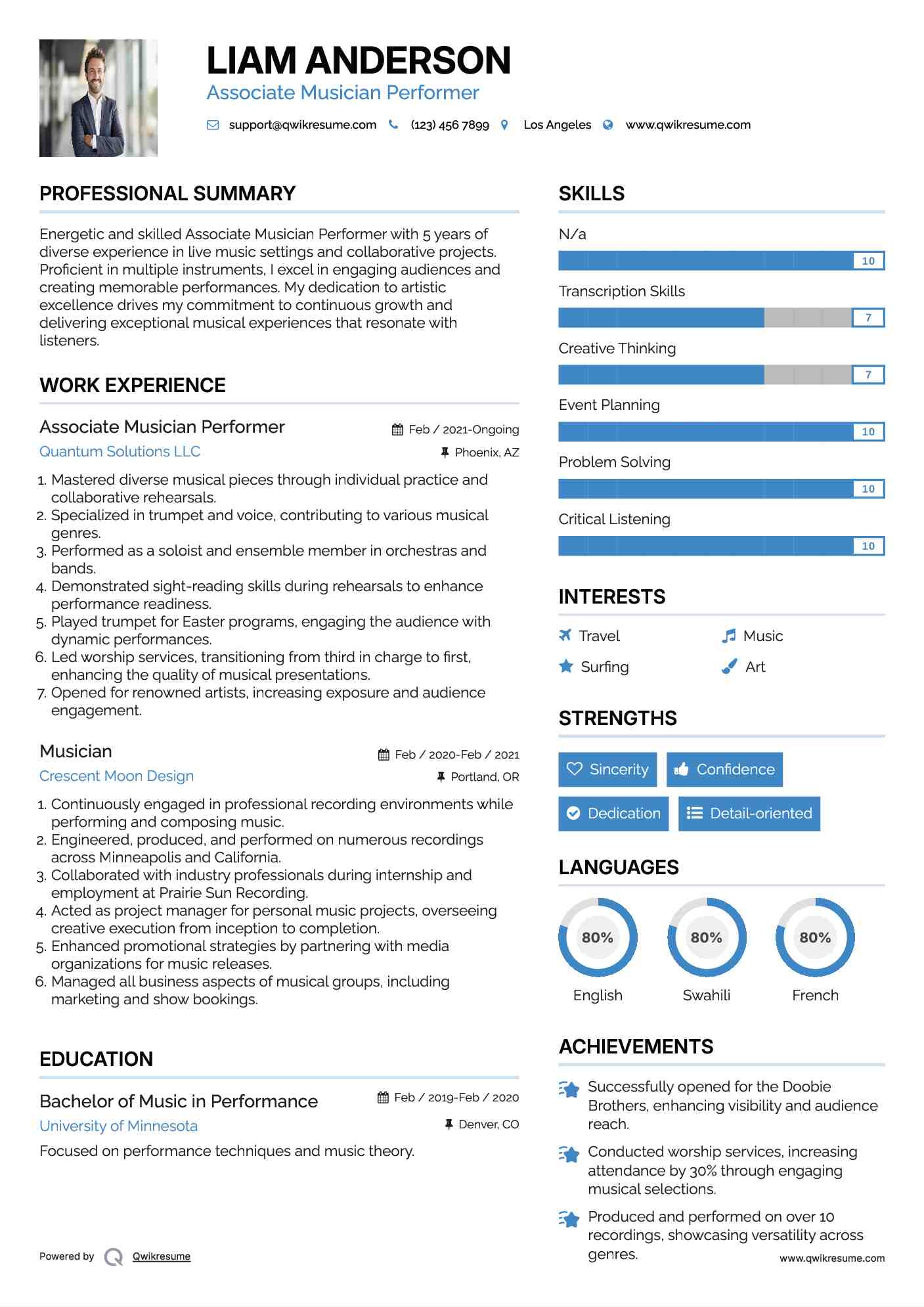 Associate Musician Performer Resume Model