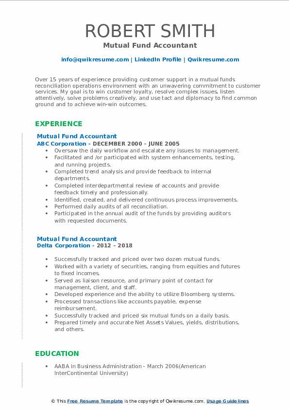 Mutual Fund Accountant Resume Samples QwikResume