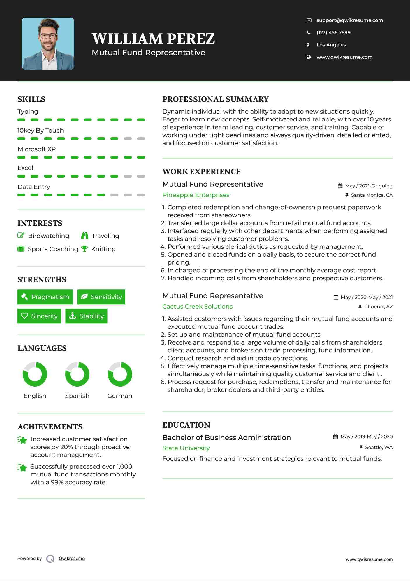 Mutual Fund Representative Resume Template