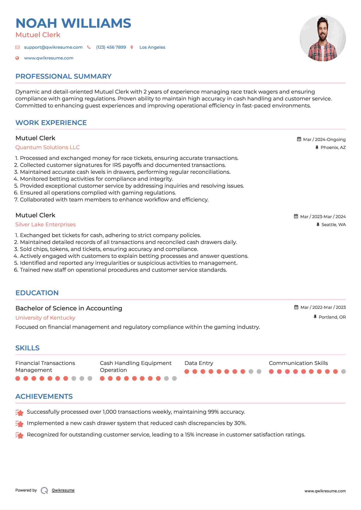 Mutuel Clerk Resume Example