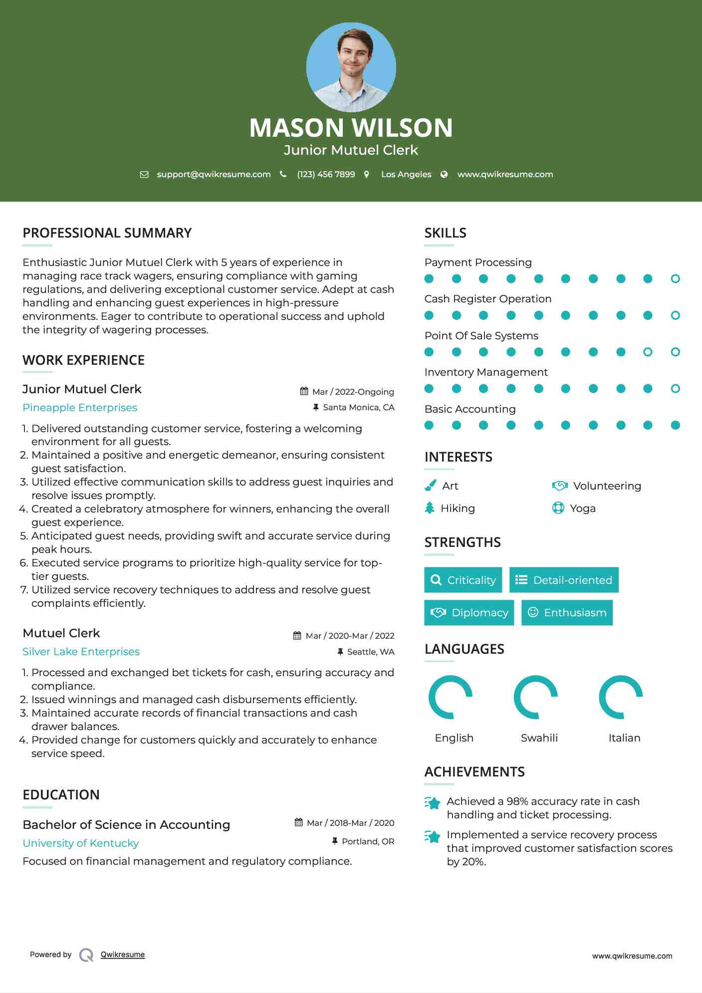 Junior Mutuel Clerk Resume Model