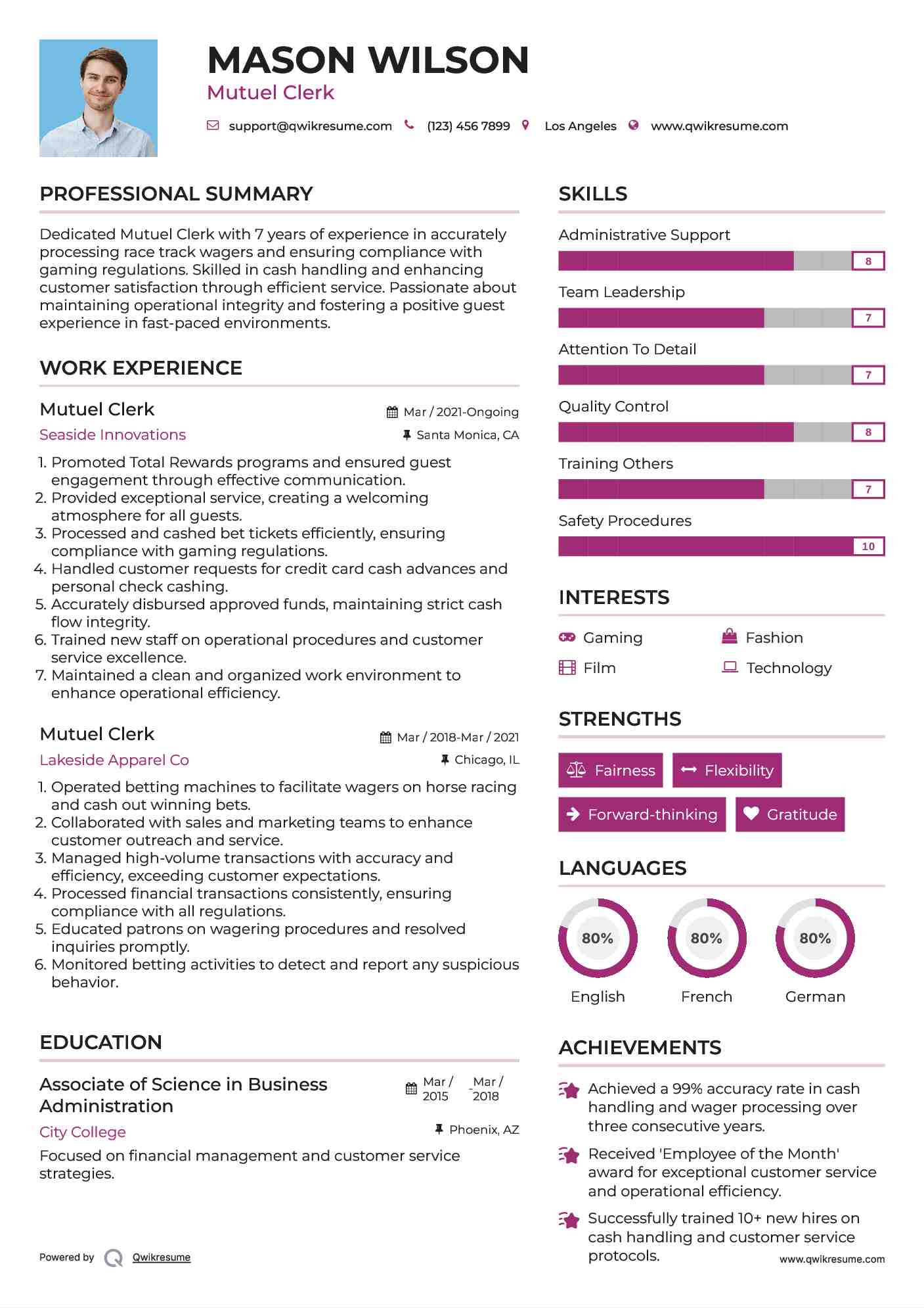 Mutuel Clerk Resume Template